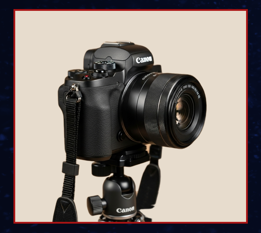 A black Canon digital camera with a zoom lens mounted on a tripod against a beige background.