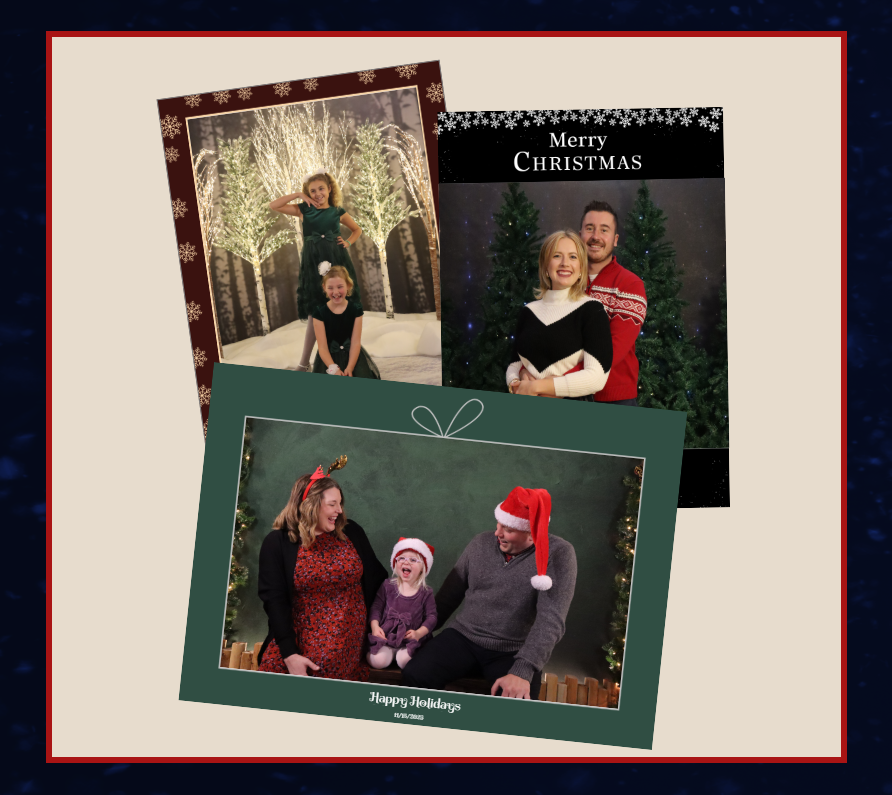 Three holiday greeting cards featuring families celebrating Christmas with festive backgrounds and decorations.