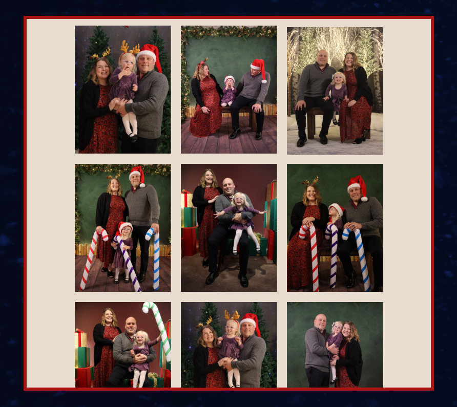 Collage of nine family Christmas photos with decorations, festive outfits, and holiday props.