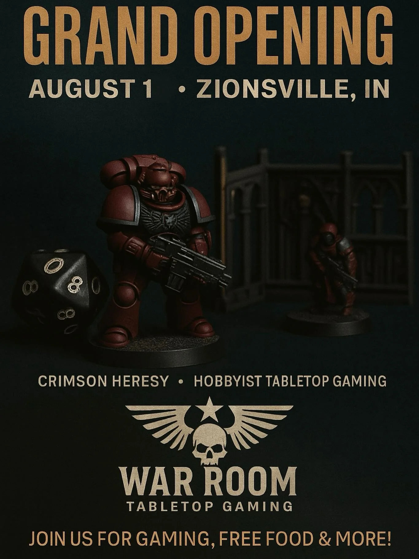 🚨 GRAND OPENING &mdash; AUG 1 🚨
Join us at War Room Tabletop Gaming for a full day of open play, giveaways, and free hotdogs off the grill!

&bull; Warhammer 40k tables
&bull; GW terrain by @hereforheresy
&bull; Food, drinks, and community vibes

?