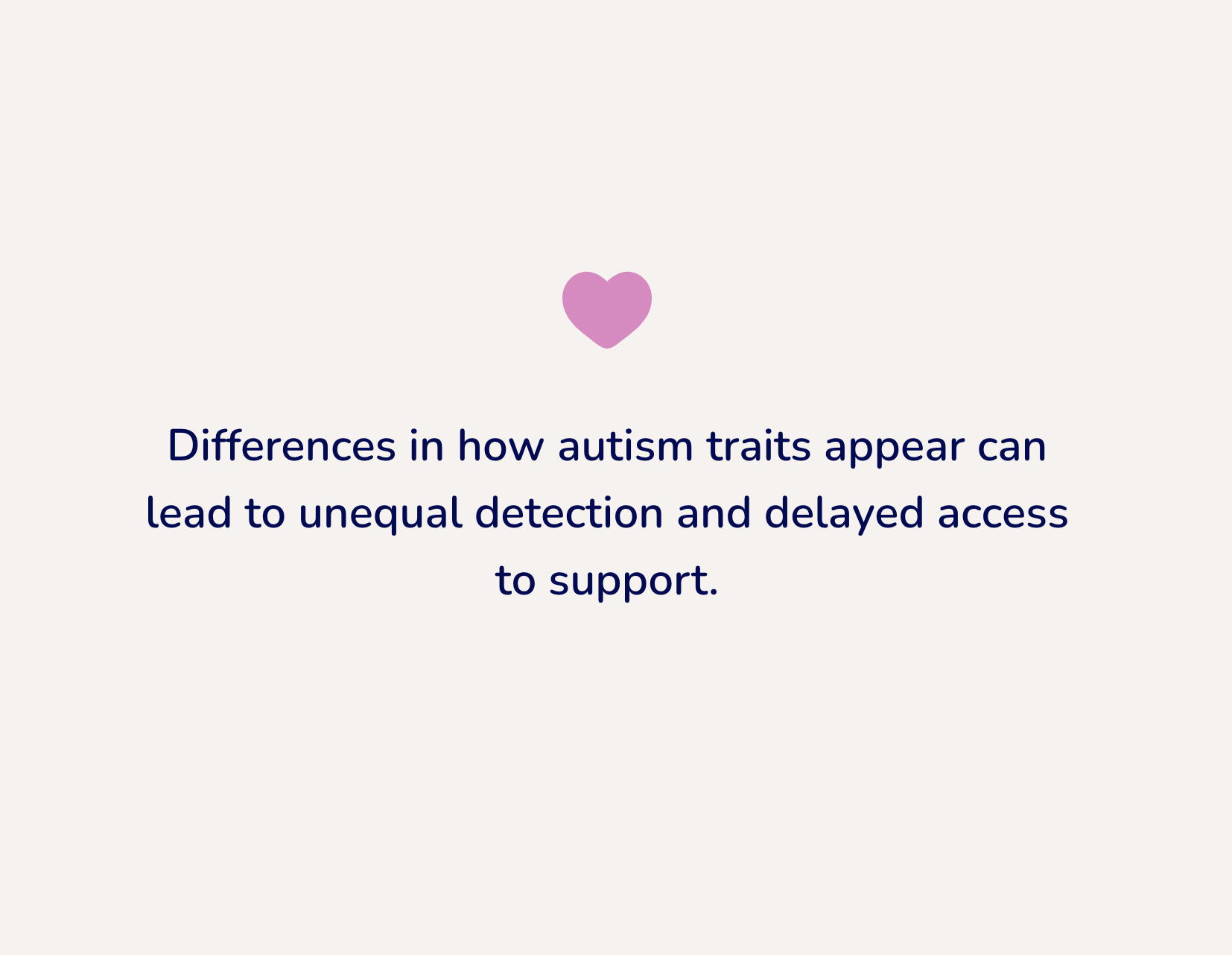 Text on a plain background stating, "Differences in how autism traits appear can lead to unequal detection and delayed access to support," with a small pink heart above the text.