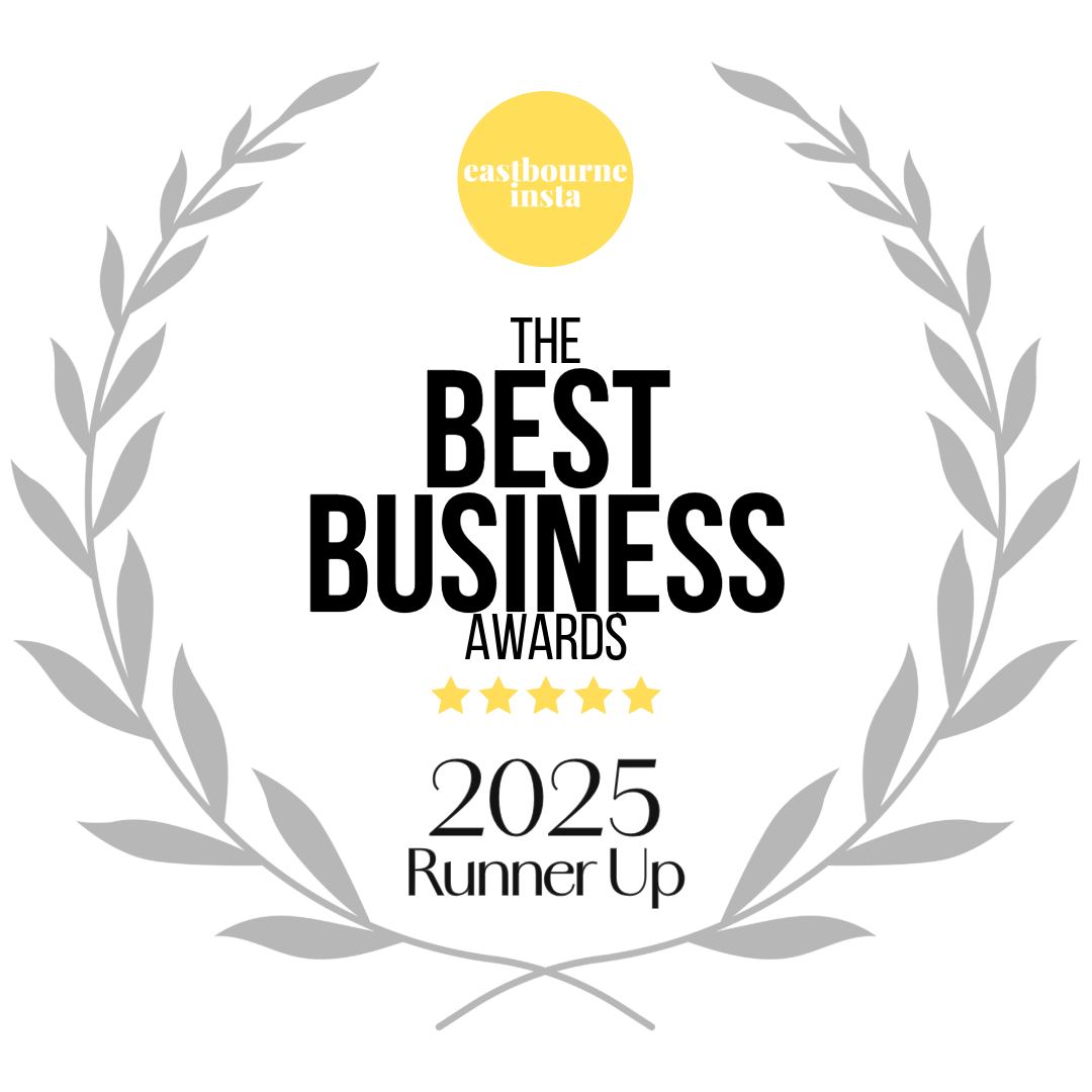 A digital award badge with a laurel wreath design, featuring the text '2025 Runner Up' and a five-star rating, with a yellow circle at the top containing the text 'eastbourne insta'.