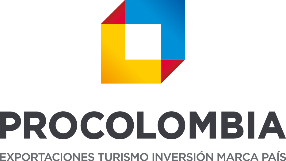 Logotipo de Procolombia con un símbolo colorido y texto que indica su enfoque en exportaciones, turismo, inversión y marca país.