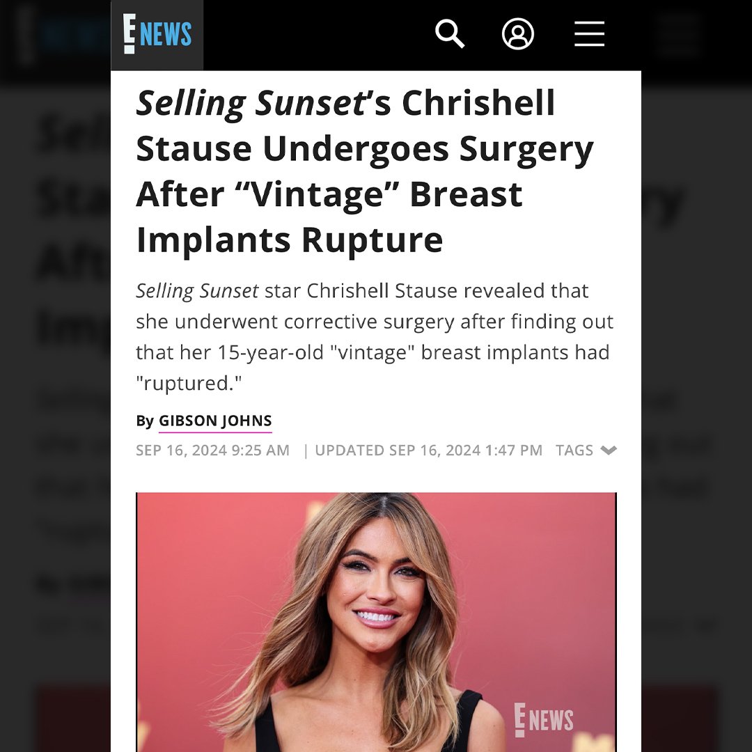 Screenshot of an E! News article about Chrishell Stause undergoing surgery due to ruptured breast implants. Includes headline, a brief summary, and a photo of Chrishell Stause smiling.