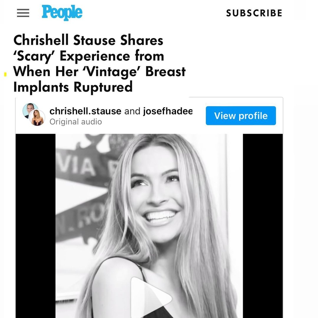 A magazine cover from People featuring a headline about Chrishell Stause sharing her experience with ruptured breast implants and a black-and-white photo of her smiling. Video edited by Will Willion.