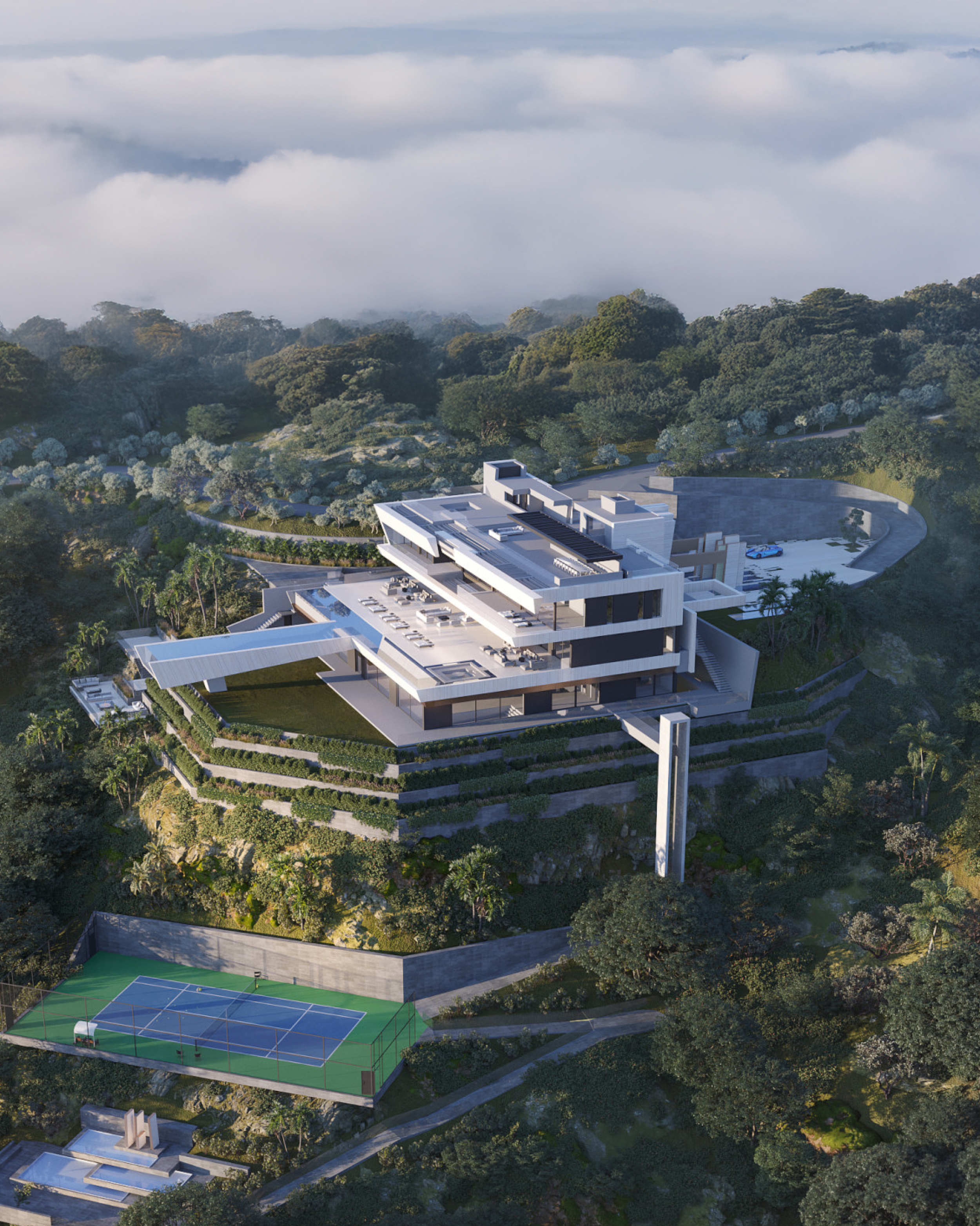 A modern multi-story mansion built into a hillside surrounded by trees, featuring outdoor terraces, swimming pools, and tennis courts.