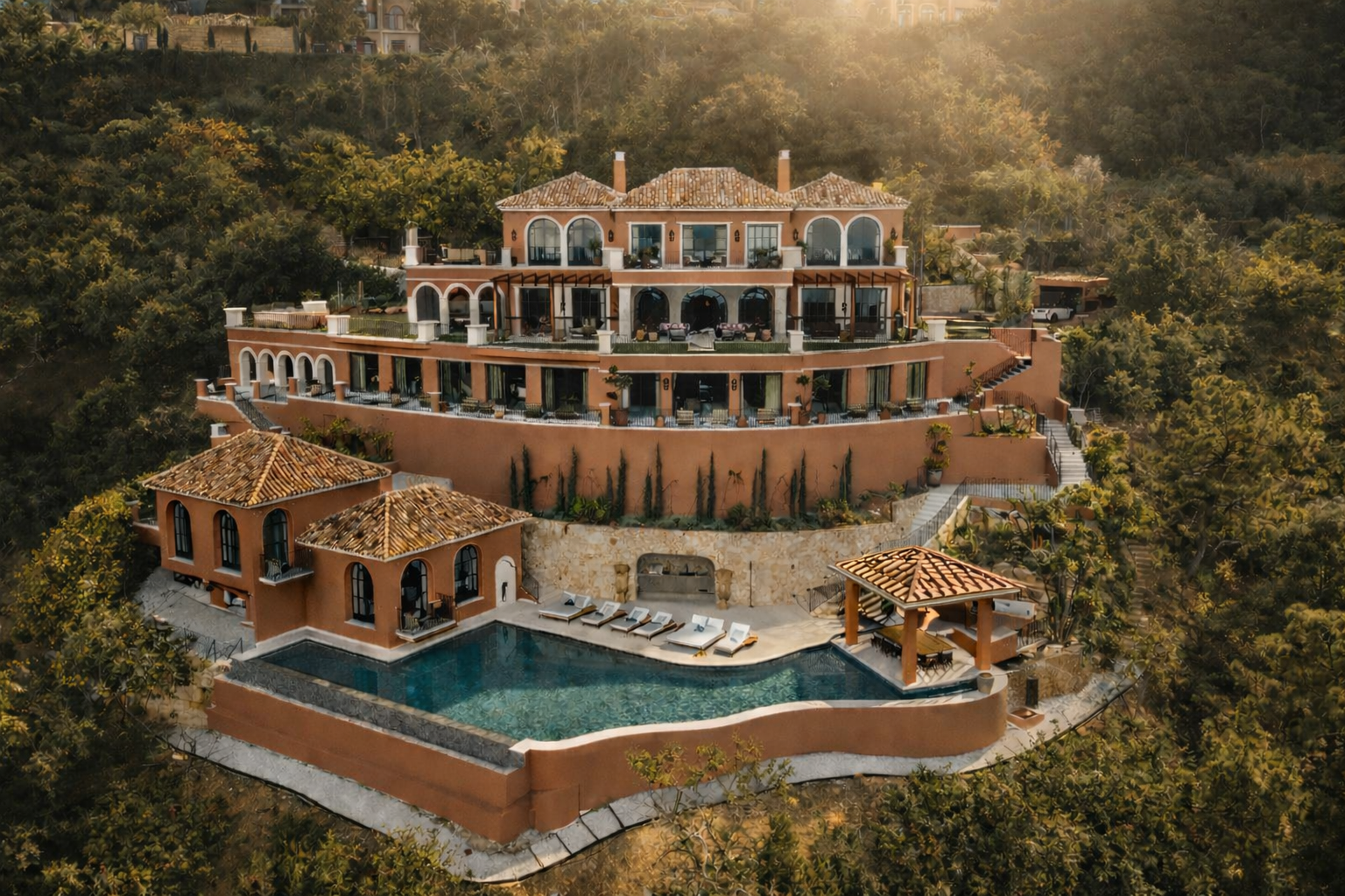 A large multi-story Mediterranean-style villa with terracotta roof tiles, balconies, and arched windows, set on a hillside surrounded by trees, featuring an outdoor swimming pool with lounge chairs and a small pavilion.