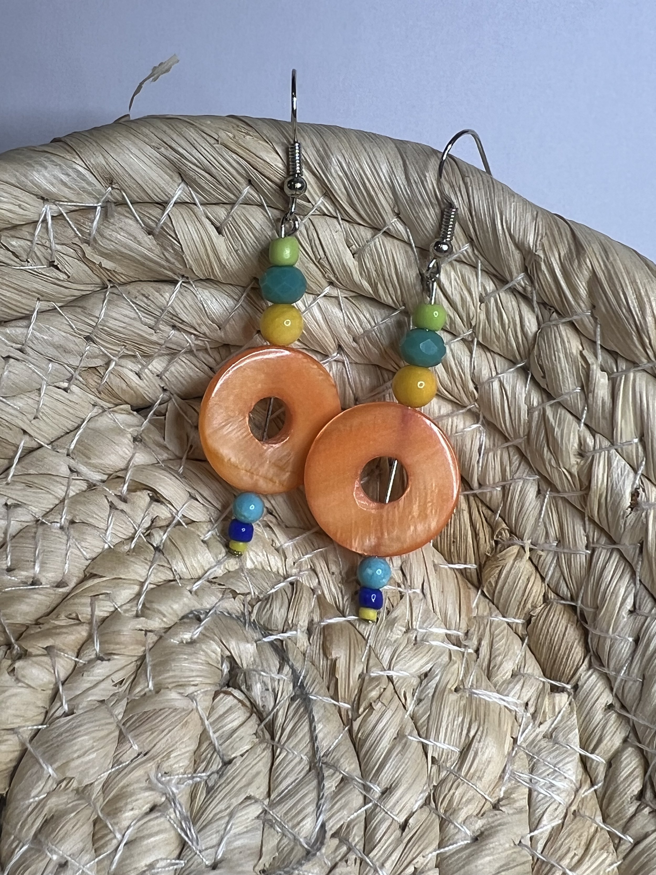 Handmade Orange, Yellow and Teal Beaded Earrings – Bright Summer Statement Jewelry