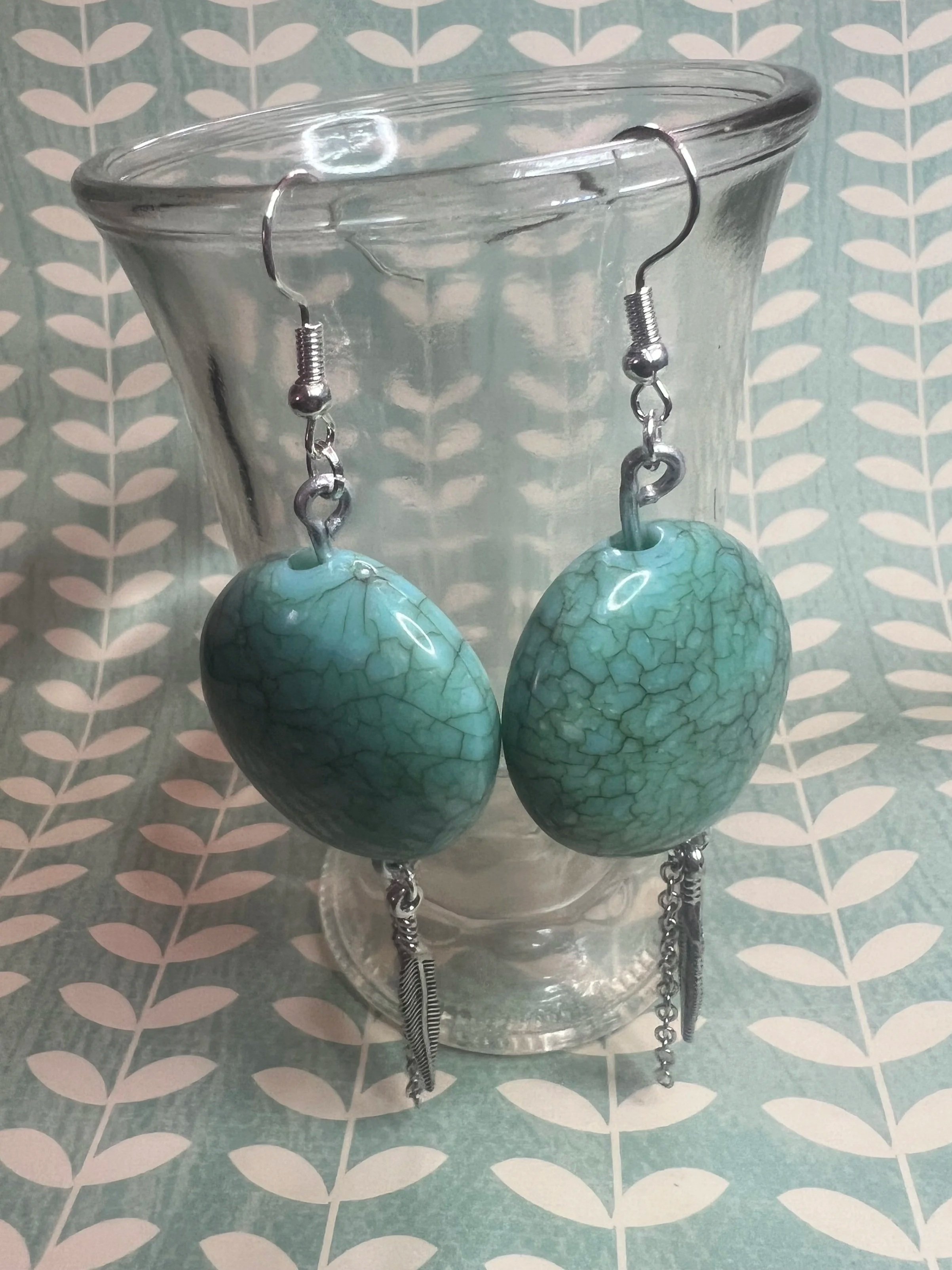Turquoise Crackle Bead & Feather Dangle Earrings