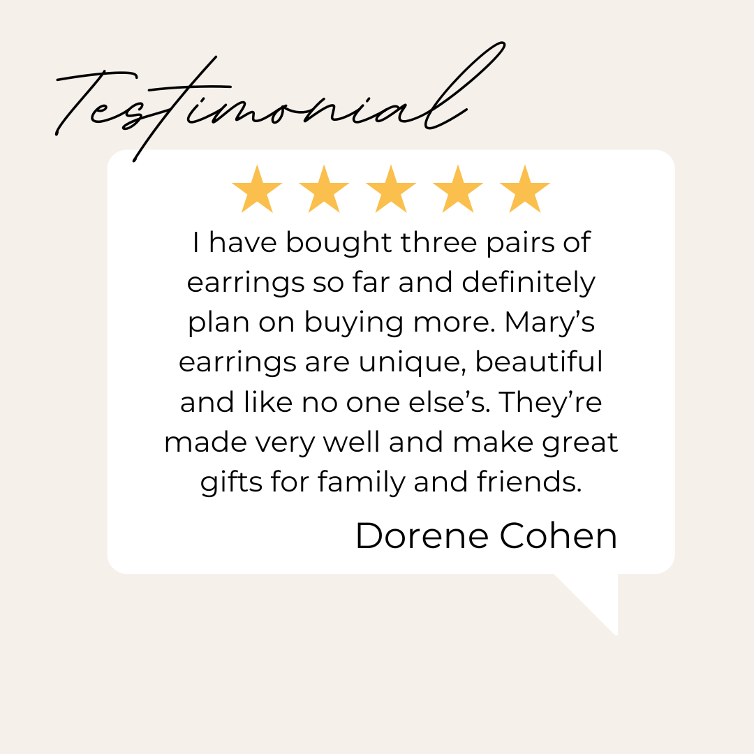 Testimonial card with five gold stars, featuring a positive review about jewelry, specifically earrings, from Dorene Cohen.