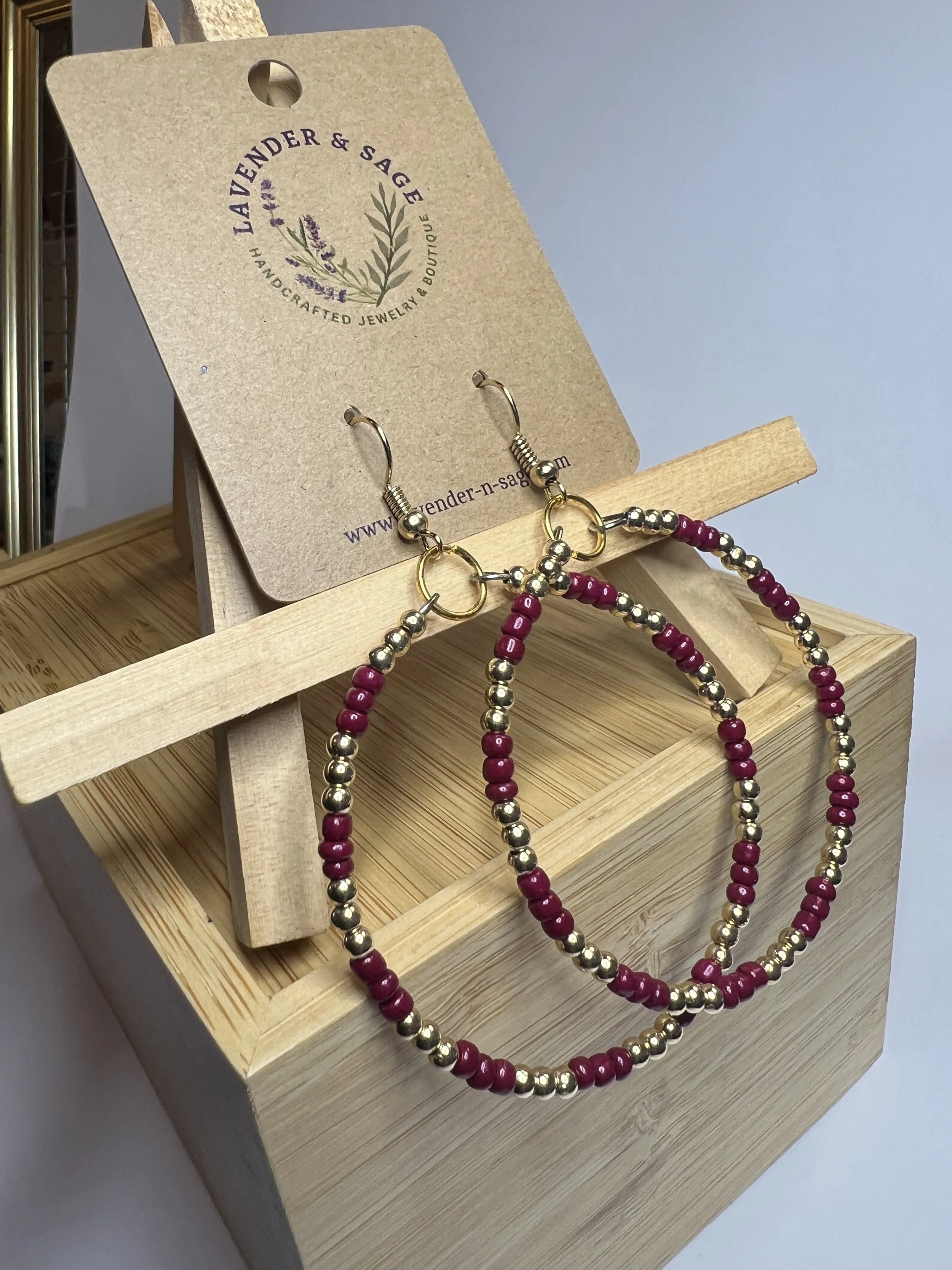 Maroon & Gold Beaded Hoop Earrings