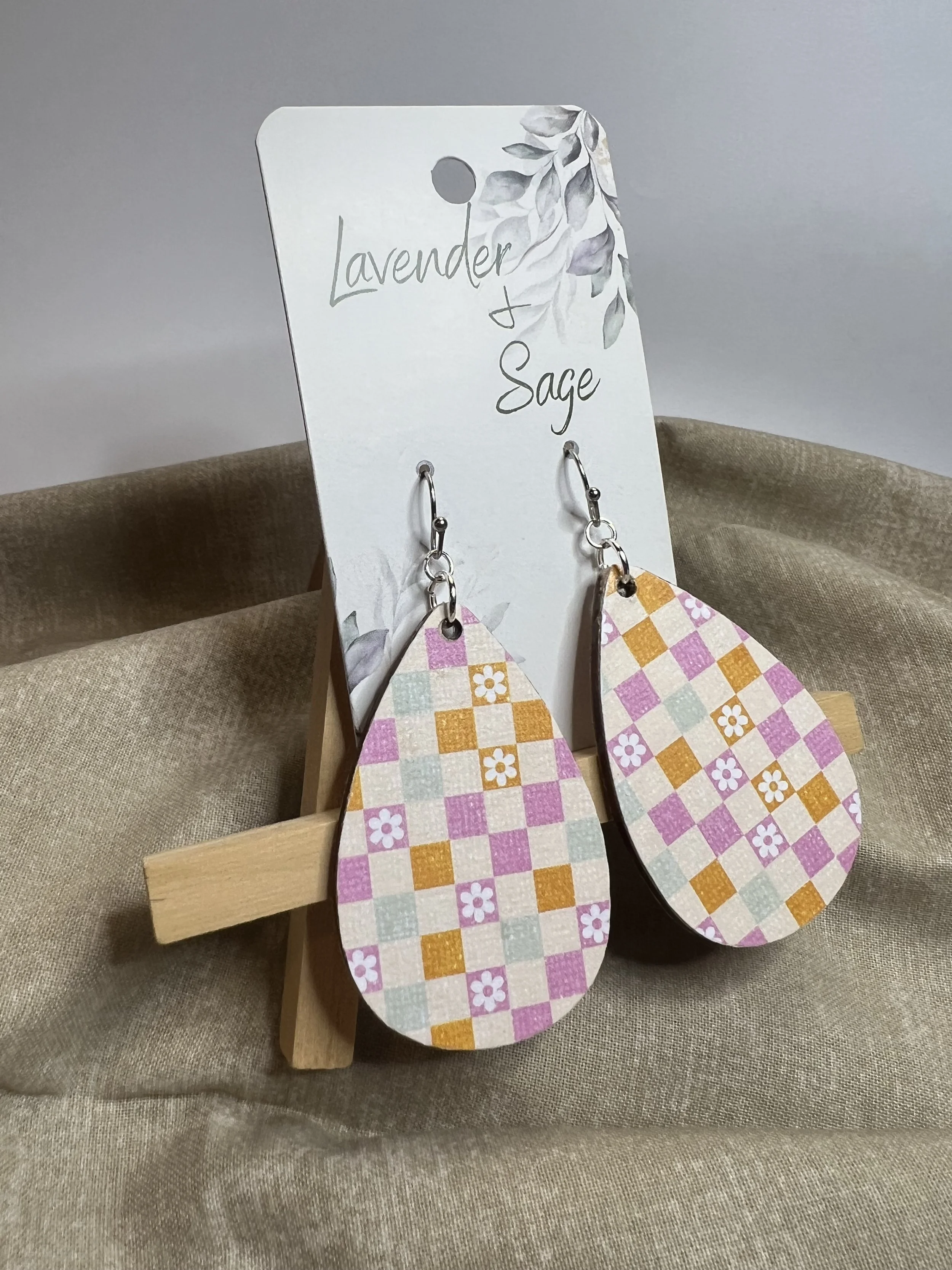 Pastel Gingham Floral Wood Teardrop Earrings – Handmade Lightweight Cottagecore Statement Earrings