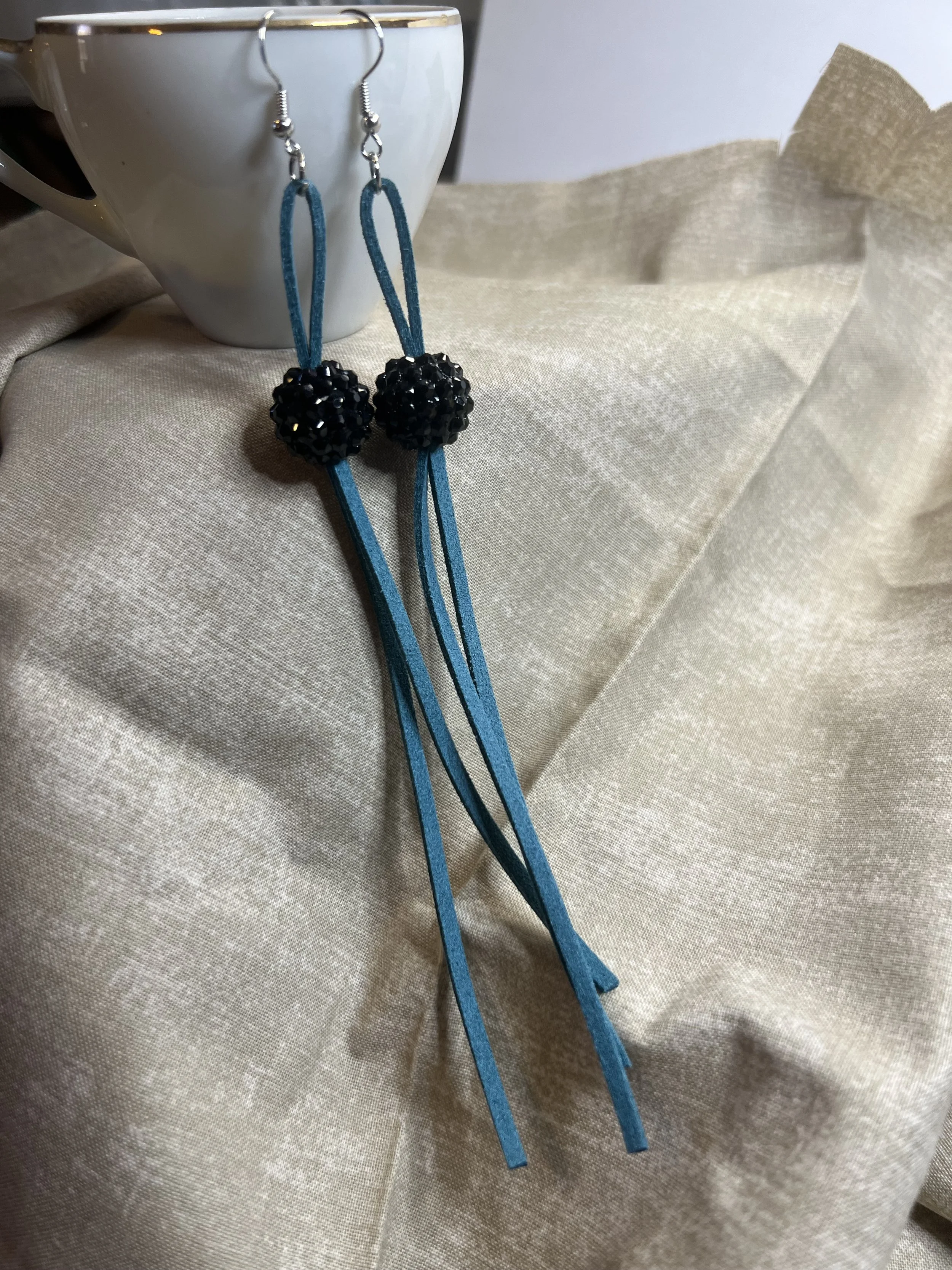 Teal Suede Tassel Earrings with Black Crystal Beads – Long Handmade Statement Dangle Earrings