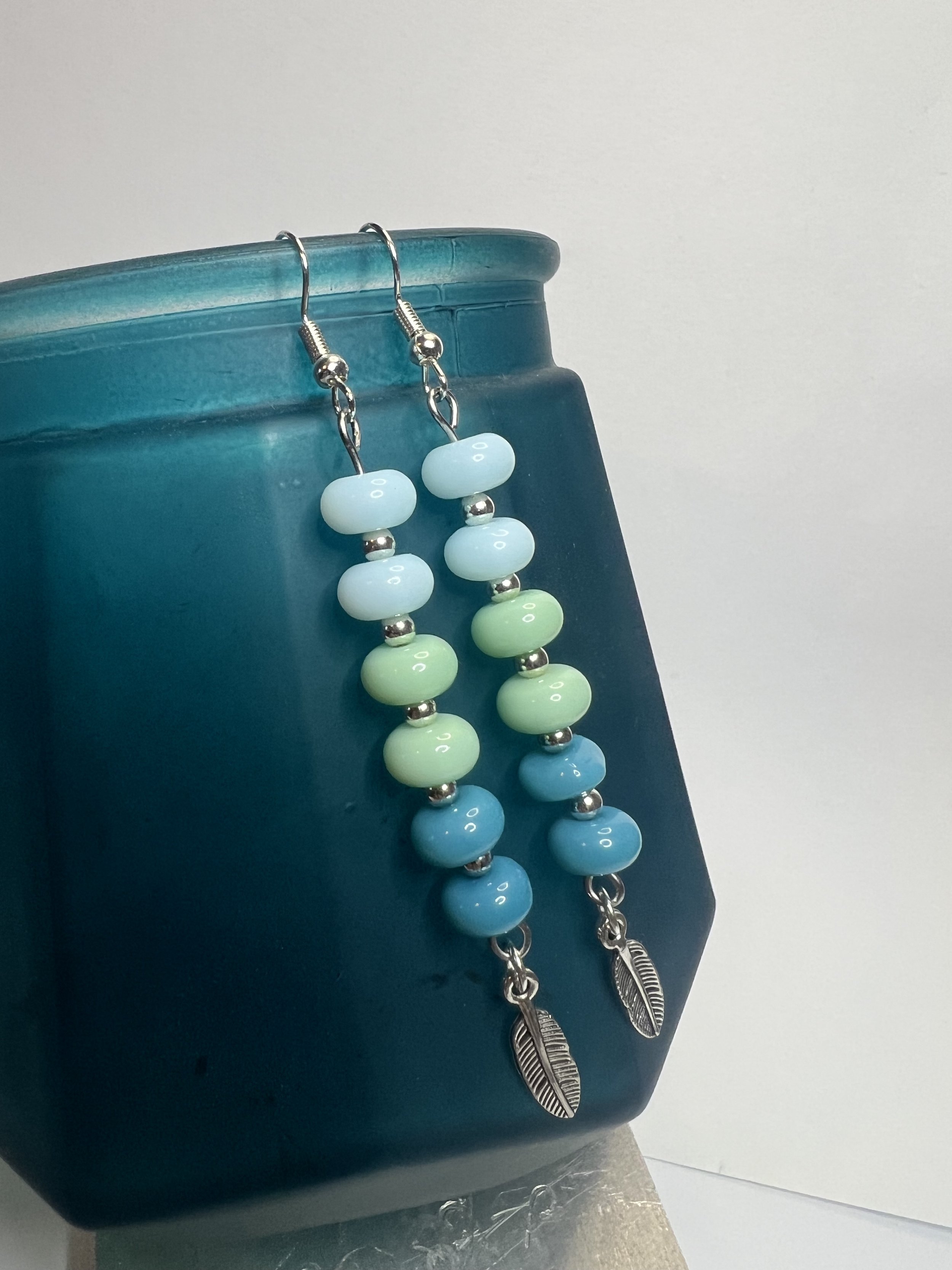 Sea Glass Feather Dangle Earrings – Handmade Blue Ombre Beaded Earrings
