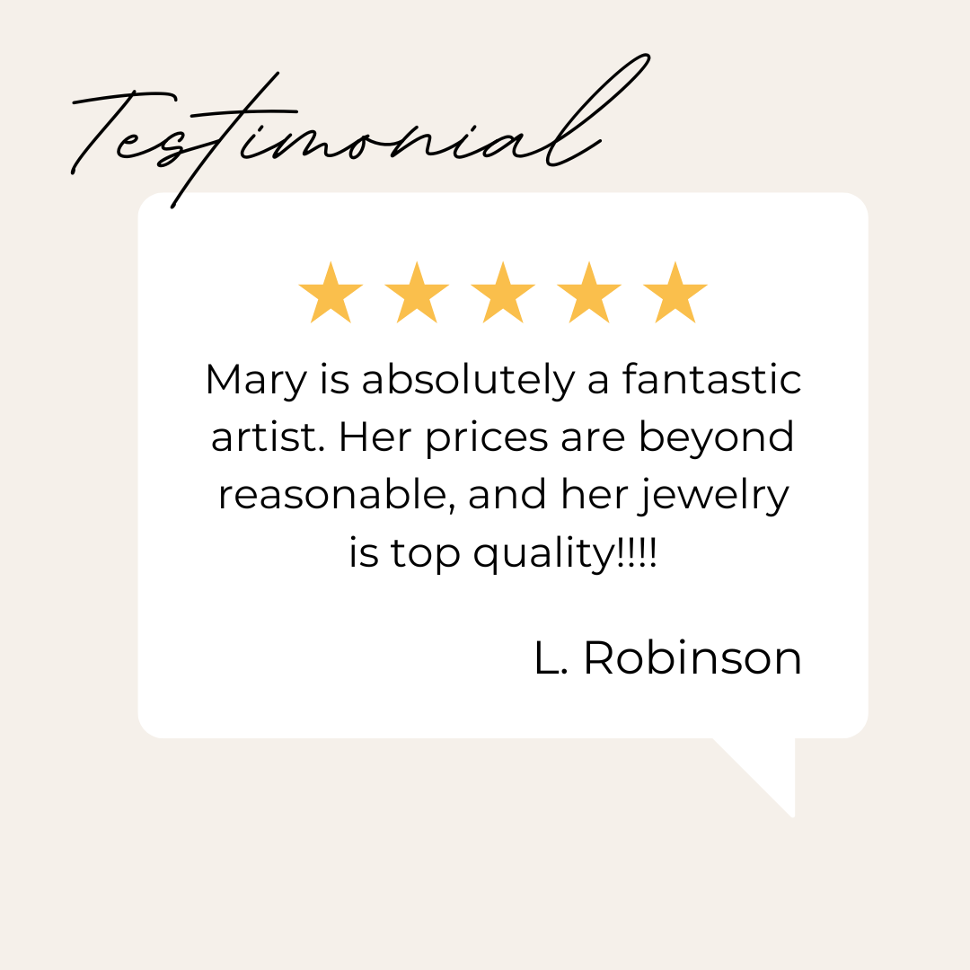 Testimonial graphic with five gold stars and a positive review about jewelry on a light beige background.