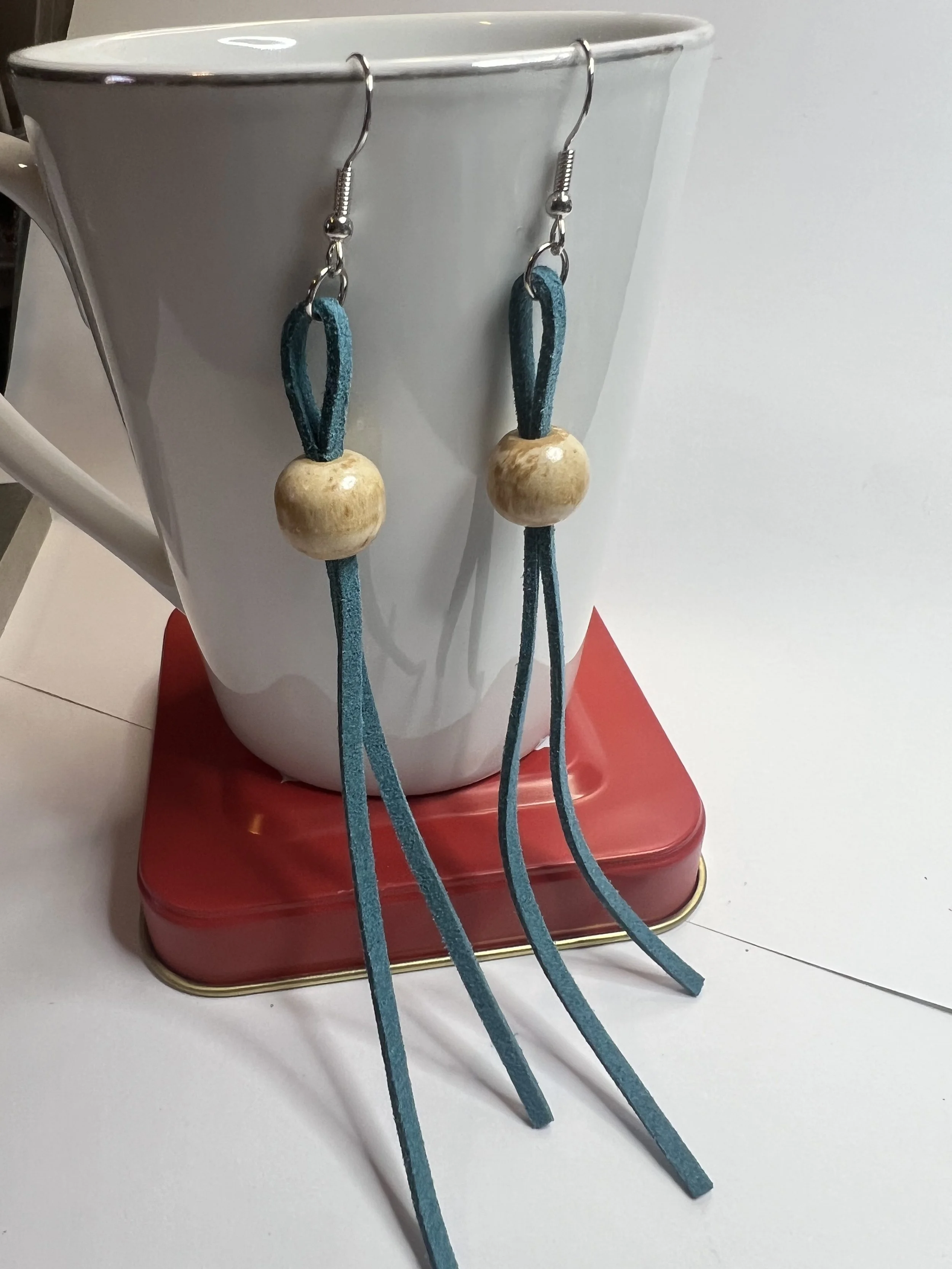 Handmade Leather Tassel Earrings | Teal Suede and Wooden Bead Boho Jewelry