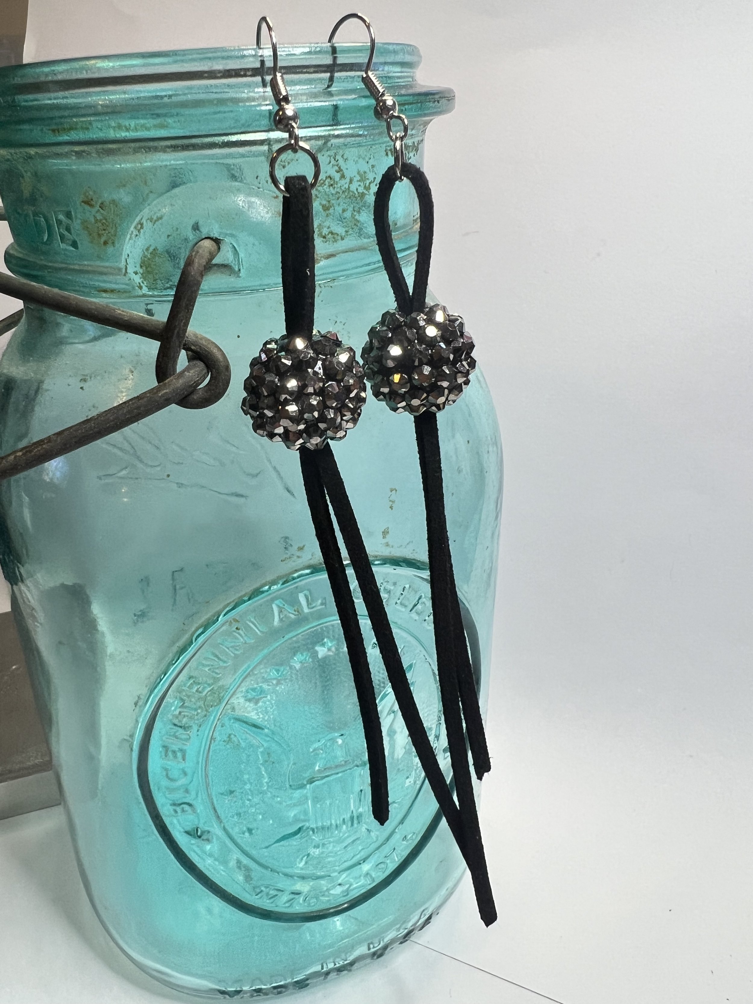 Black Suede Tassel Earrings with Sparkly Beads – Long Handmade Statement Dangle Earrings