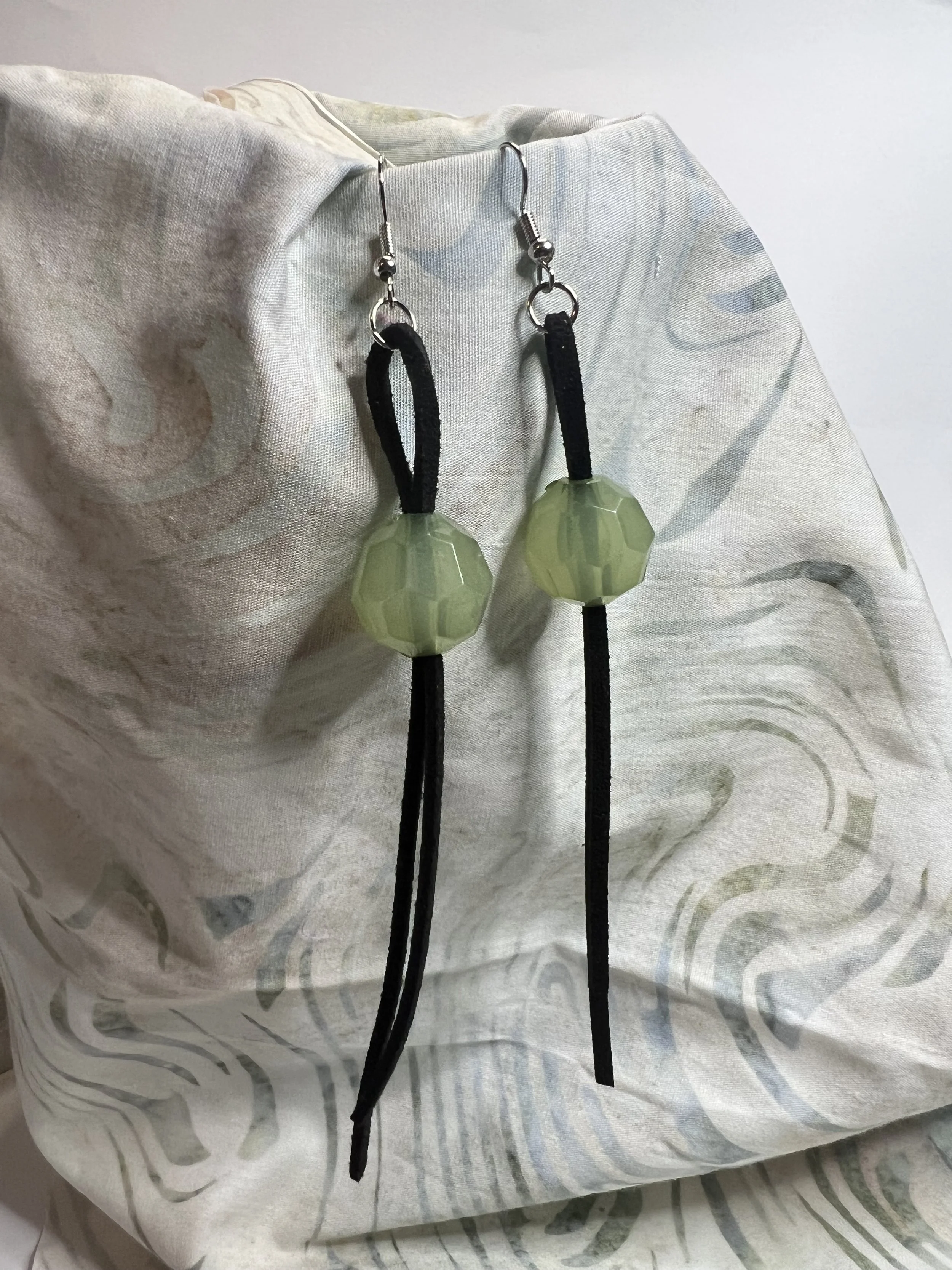 Black Suede Tassel Earrings with Light Green Beads – Long Handmade Boho Dangle Earrings