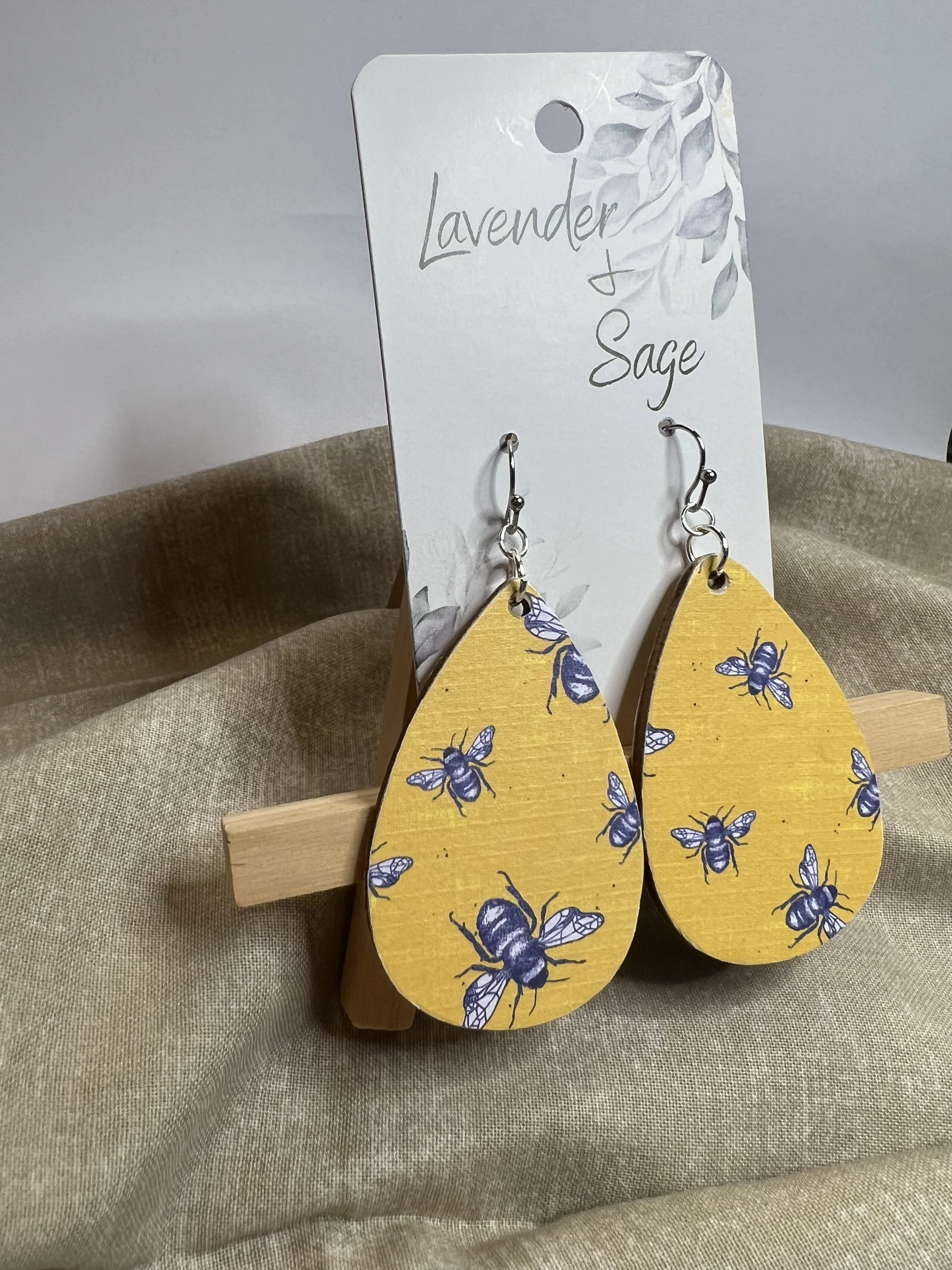 Bee Print Wood Teardrop Earrings – Handmade Lightweight Statement Earrings