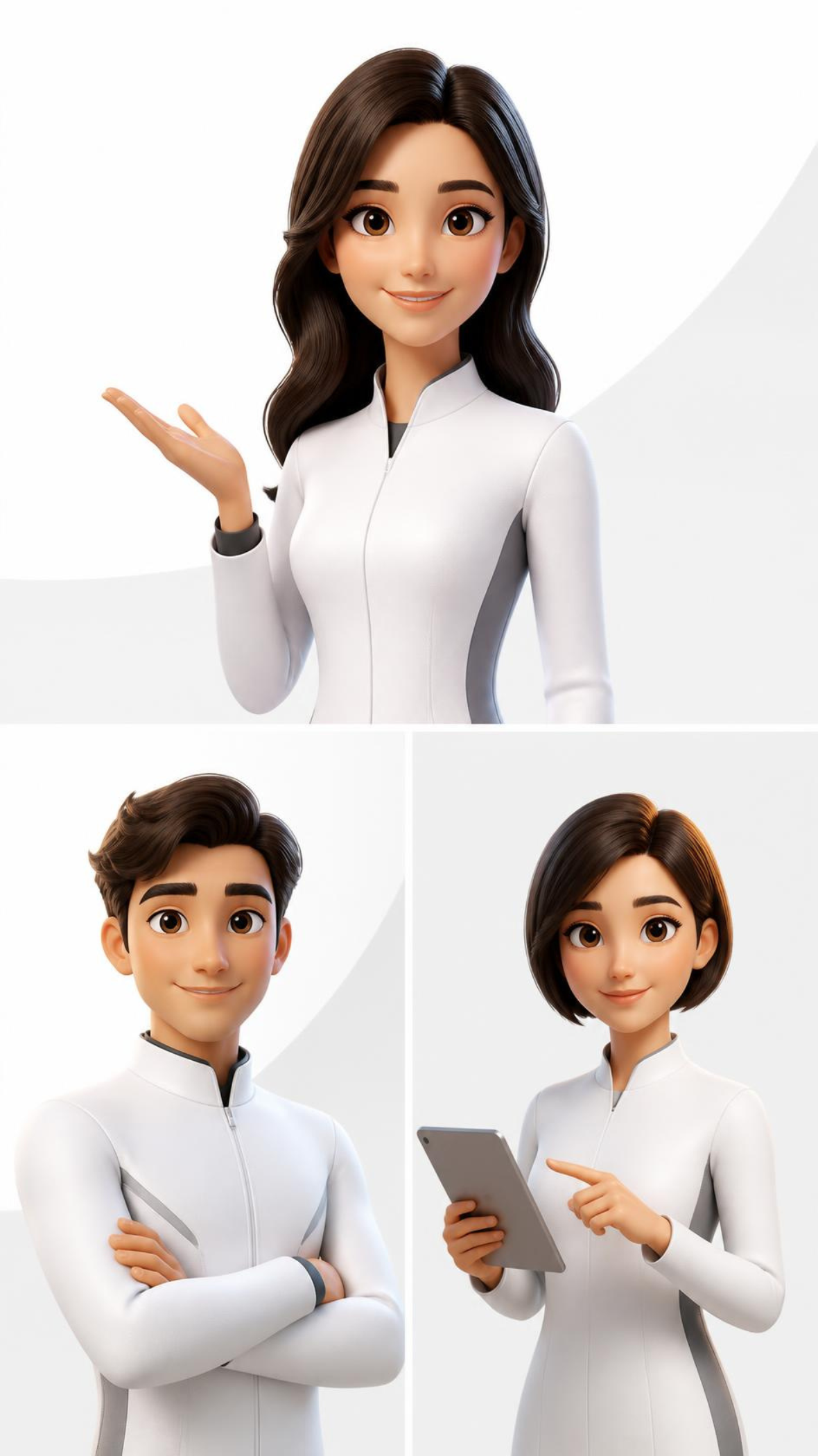 Quatro personagens femininas e masculinas em estilo animação futurista, vestindo roupas brancas com detalhes cinza, cada um com expressões amáveis e confiantes, em poses variando entre gestos, postura e uso de um tablet.