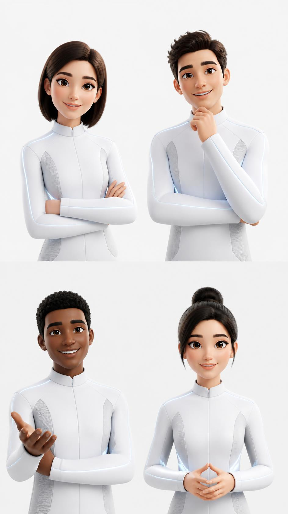 Quatro personagens femininos e masculinos com aparência de desenhos animados, vestindo roupas futuristas brancas, em diferentes poses em plano frontal, posando com expressões amigáveis e confiantes.