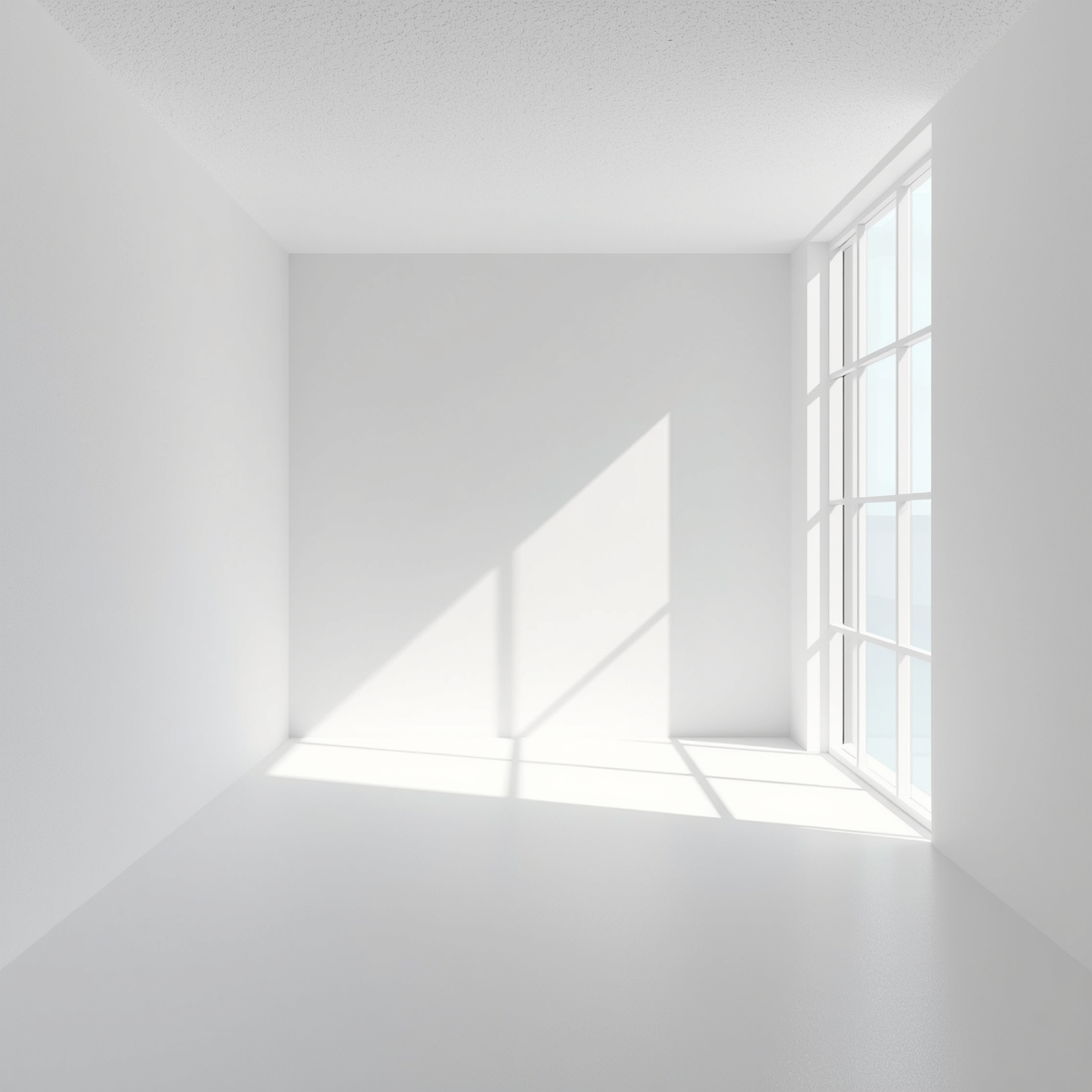 Sala branca e vazia com janela de vidro que deixa entrar luz natural, criando sombras na parede e no chão.