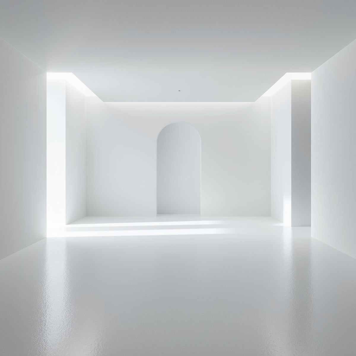 Corredor interno com paredes, chão e teto brancos, com iluminação natural e sensação de profundidade.