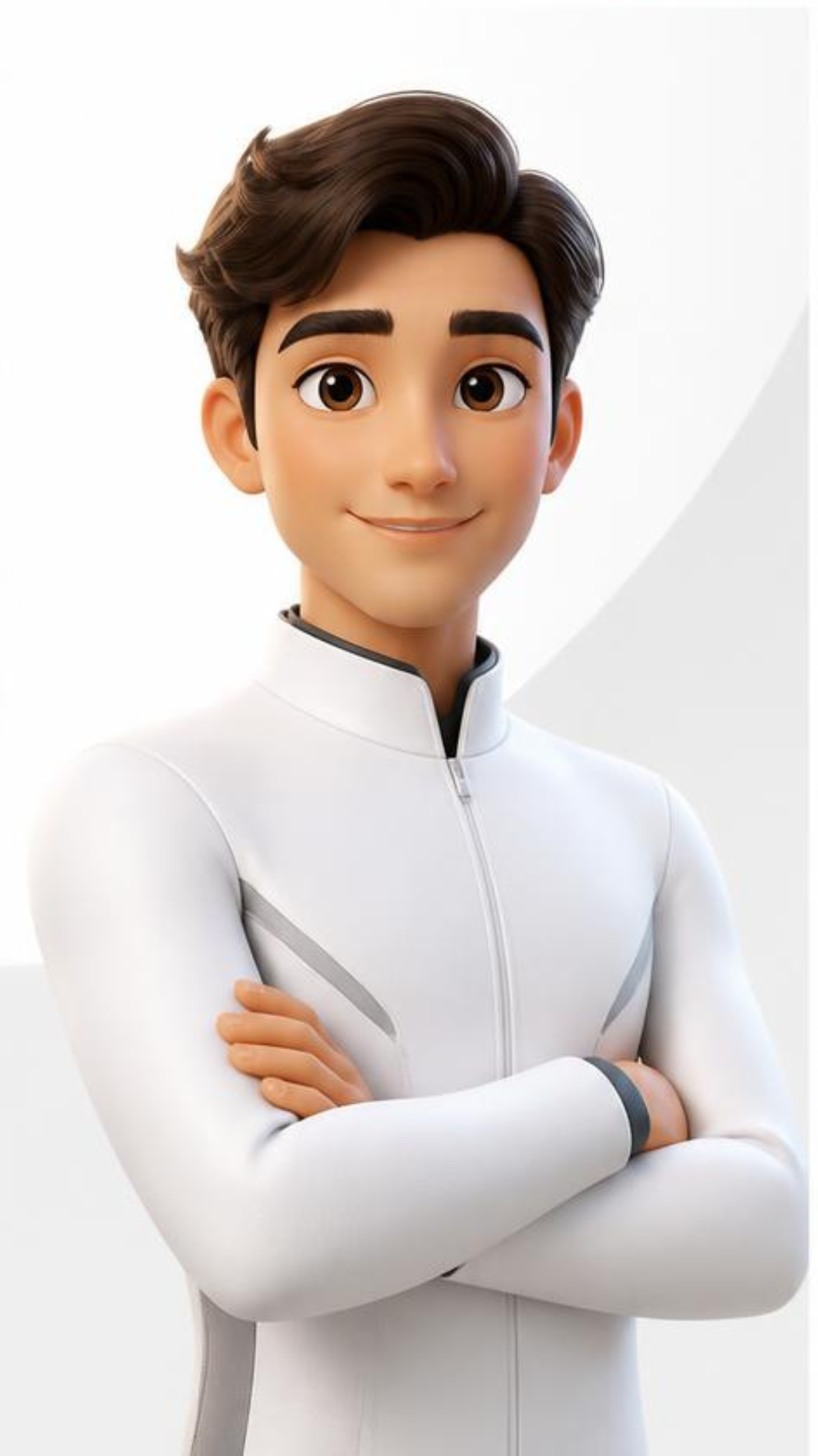 Personagem animado com cabelo castanho, vestindo roupa branca com detalhes cinza, de braços cruzados, sorrindo levemente.