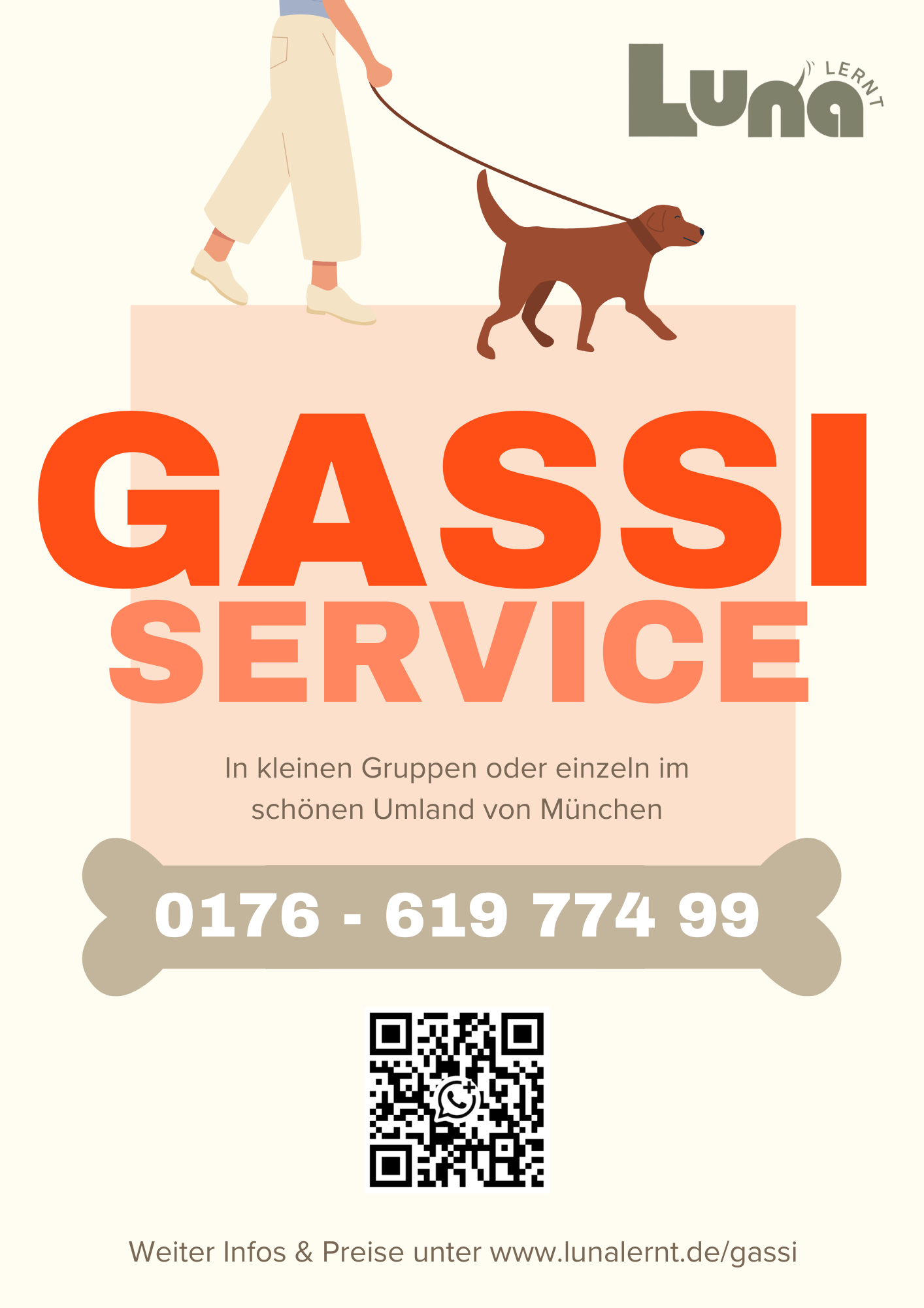 Werbung für einen Gassi-Service mit Hund, einem Menschen, der einen Hund an der Leine führt, und Kontaktdaten in Deutsch.