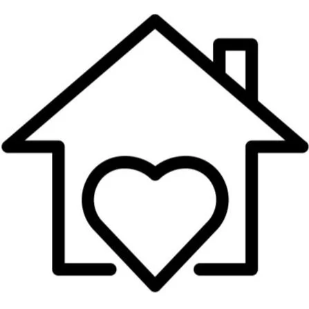 Simple black outline of a house with a heart inside