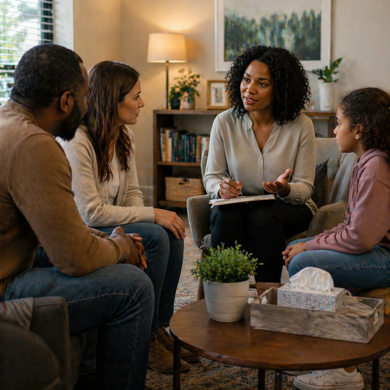 A group therapy session with four diverse people sitting on couches and talking. A woman therapist takes notes, showing an empathetic conversation.