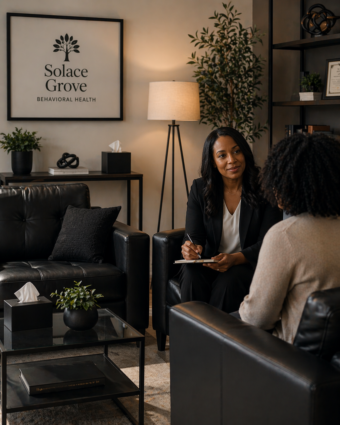 A woman in a black blazer and white top taking notes and listening to another woman in a light-colored sweater during a therapy session in a modern office with black leather sofas, a glass coffee table, and a framed logo for Solace Grove Behavioral Health on the wall.