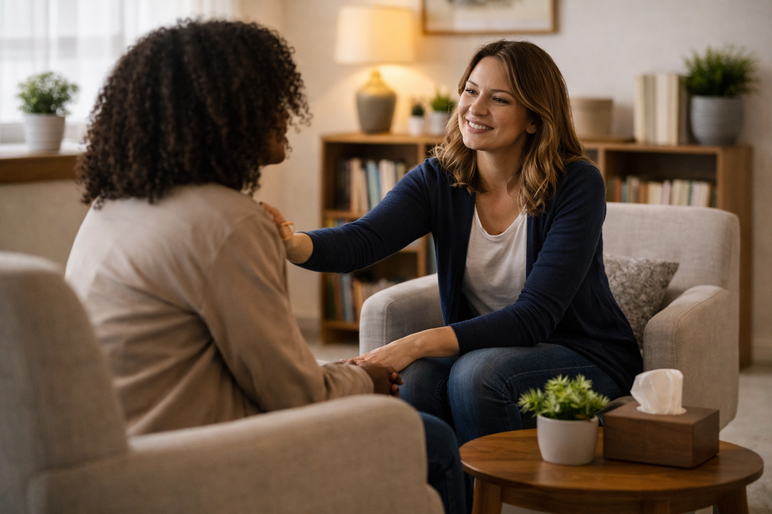 Two women having a comforting conversation in a cozy living room, one woman gently touching the other's shoulder, both smiling.