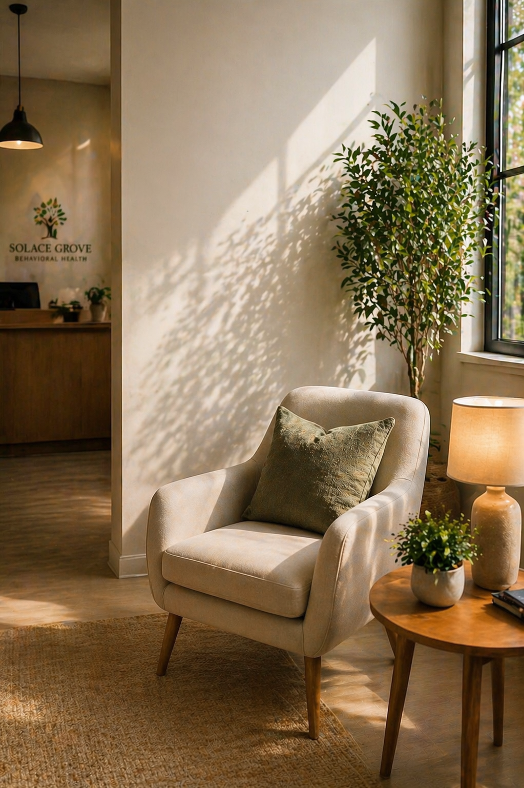 A cozy waiting area with an upholstered armchair, a throw pillow, a wooden side table with a potted plant and a lamp, a large window with sunlight, and an indoor plant in a pot. The background shows part of a reception area with a logo for Solace Grove Behavioral Health on the wall.