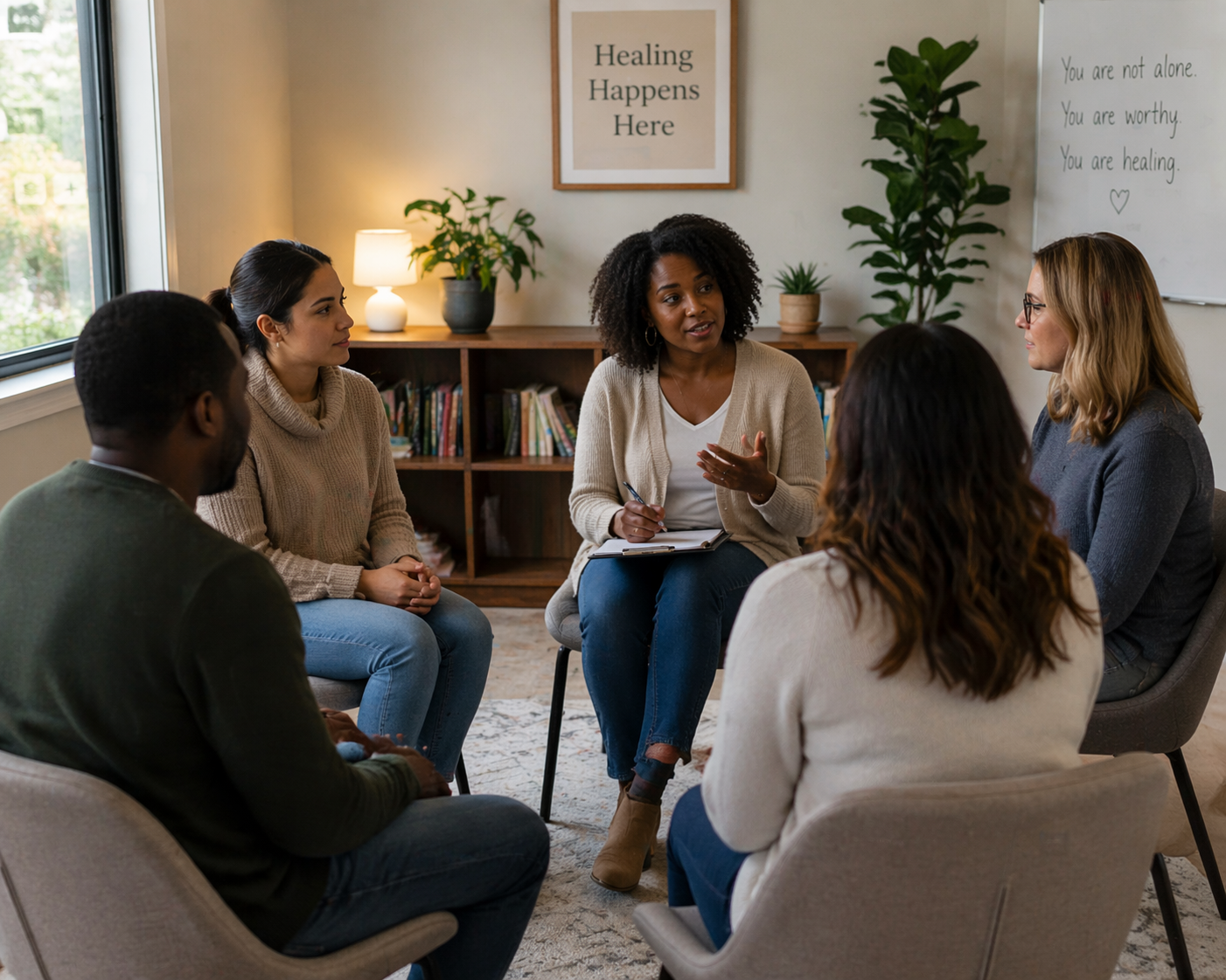 A diverse group of six women sitting in a circle in a cozy room, participating in a discussion. One woman is speaking and gesturing with her hand, while the others listen attentively. The room has a wooden bookshelf with books, a potted plant, a lamp, and two framed signs on the wall that read 'Healing Happens Here' and a motivational message.