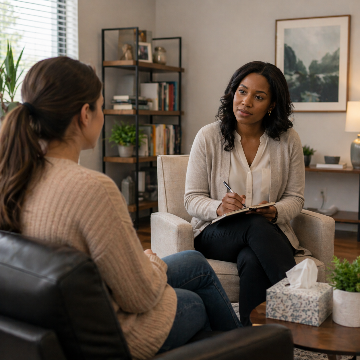 Two women having a therapy session in a cozy, well-lit living room with bookshelves, plants, and wall art.