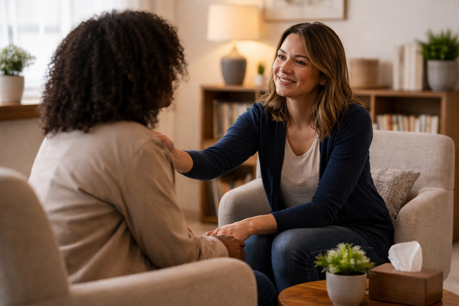 Two women sitting on armchairs in a cozy living room having a comforting conversation, with friendly expressions and one woman touching the other's shoulder.