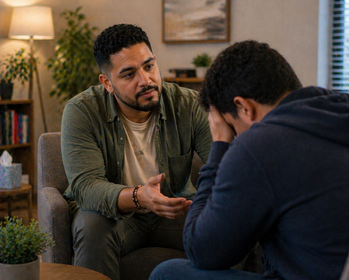 Two men having a serious conversation in a cozy room with warm lighting, one talking and the other with head in hands.