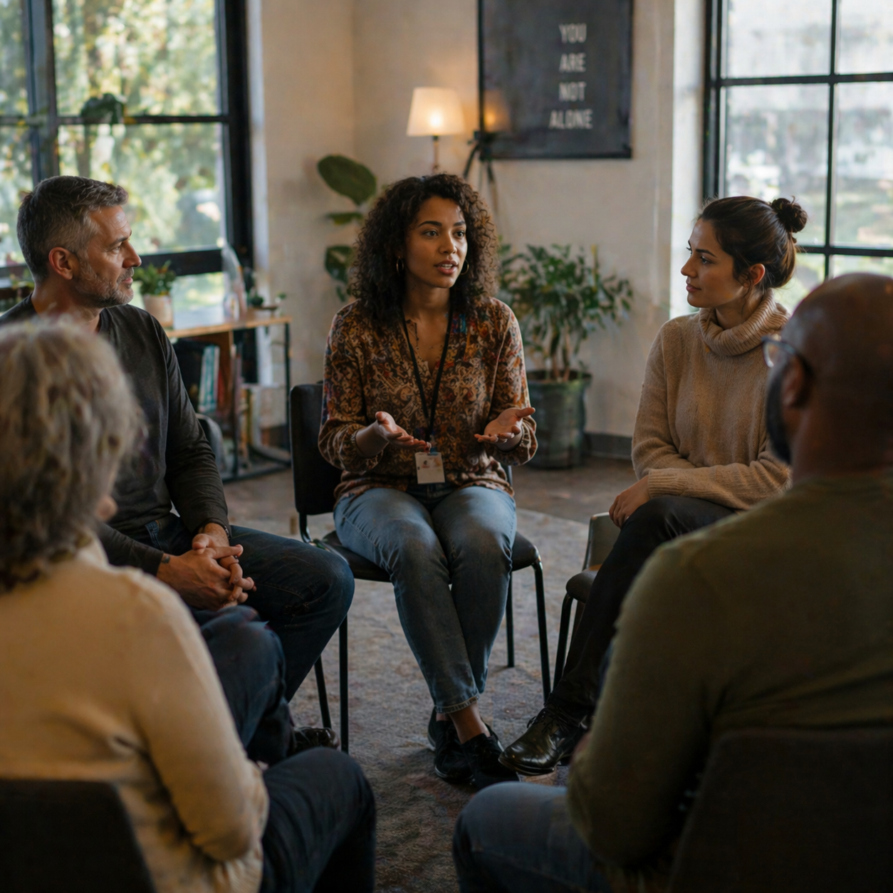 A woman leading a discussion in a group therapy or support meeting, seated in the center with dark curly hair, gesturing with her hands, surrounded by diverse participants in an indoor space with large windows and plants.
