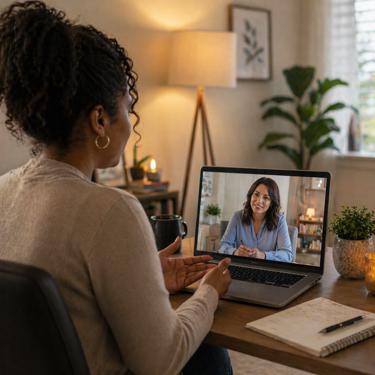 A woman with curly hair and hoop earrings participating in a video call on her laptop with another woman who has shoulder-length brown hair and is wearing a blue shirt, sitting in a well-lit room with plants and lamps.