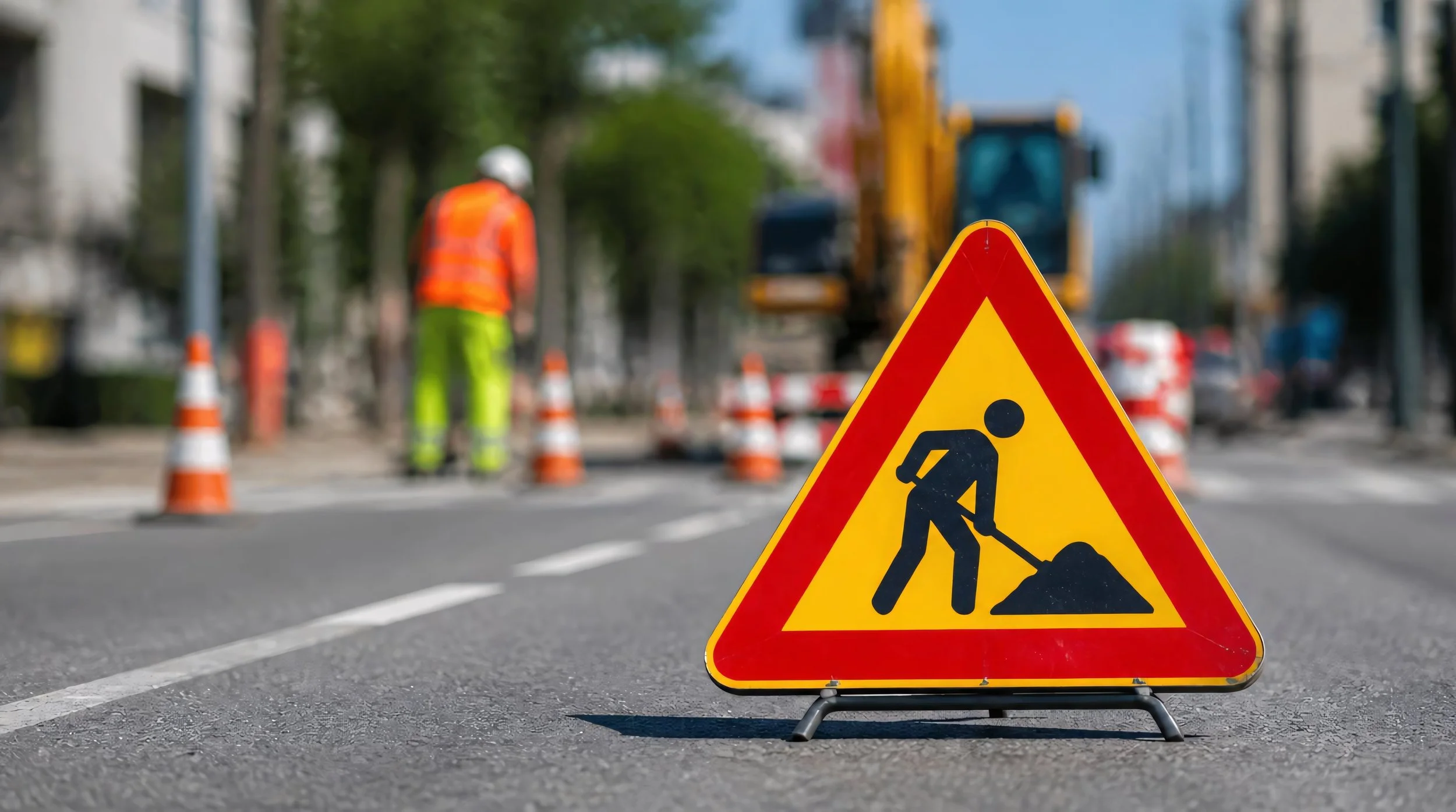 A roadside work crew in safety vests working next to passing traffic in Pennsylvania.