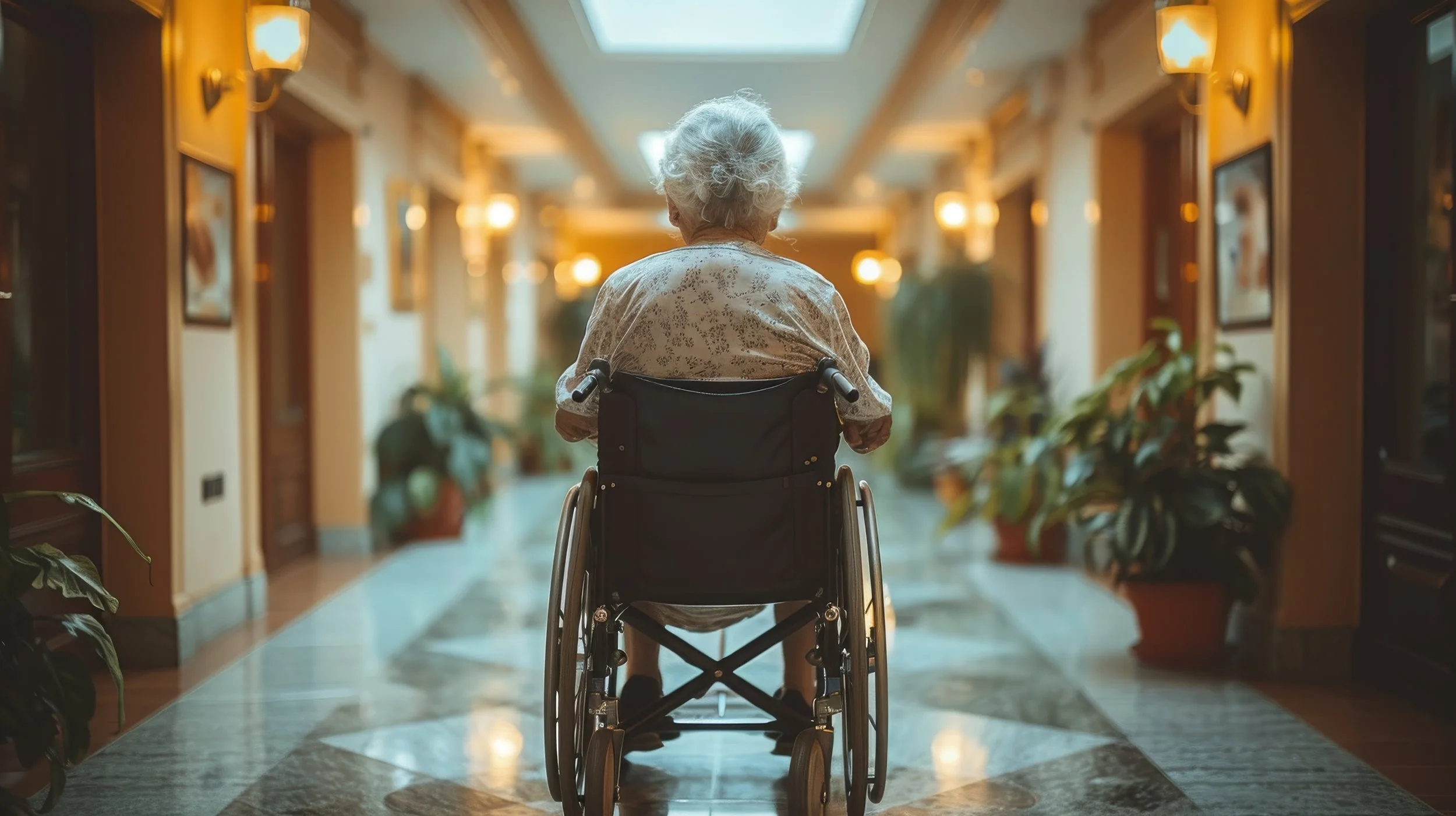 An empty hallway in a long-term care facility with resident room doors and a call light panel.