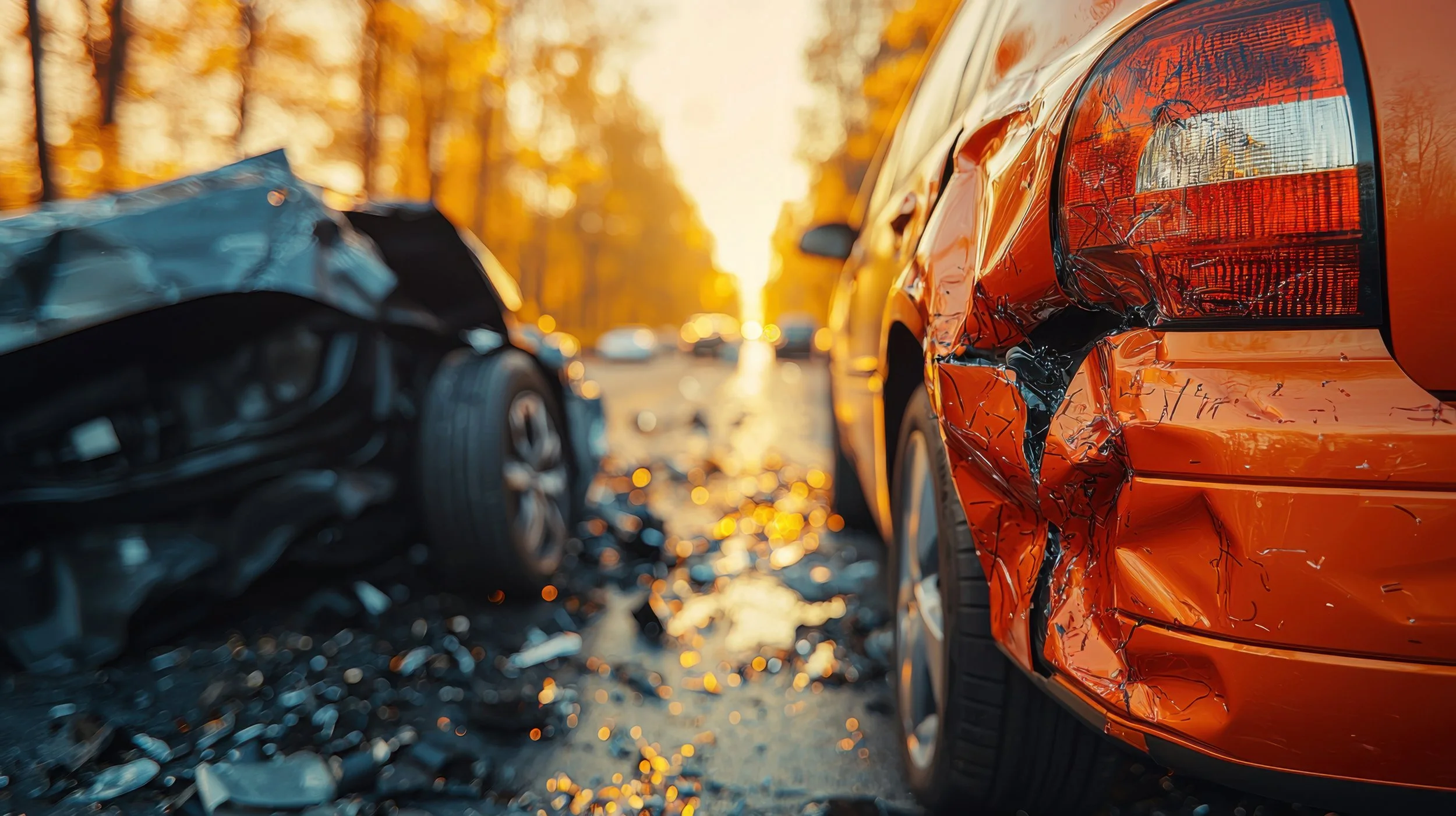 Two vehicles after a rear-end collision, the point at which the two-year clock generally begins.