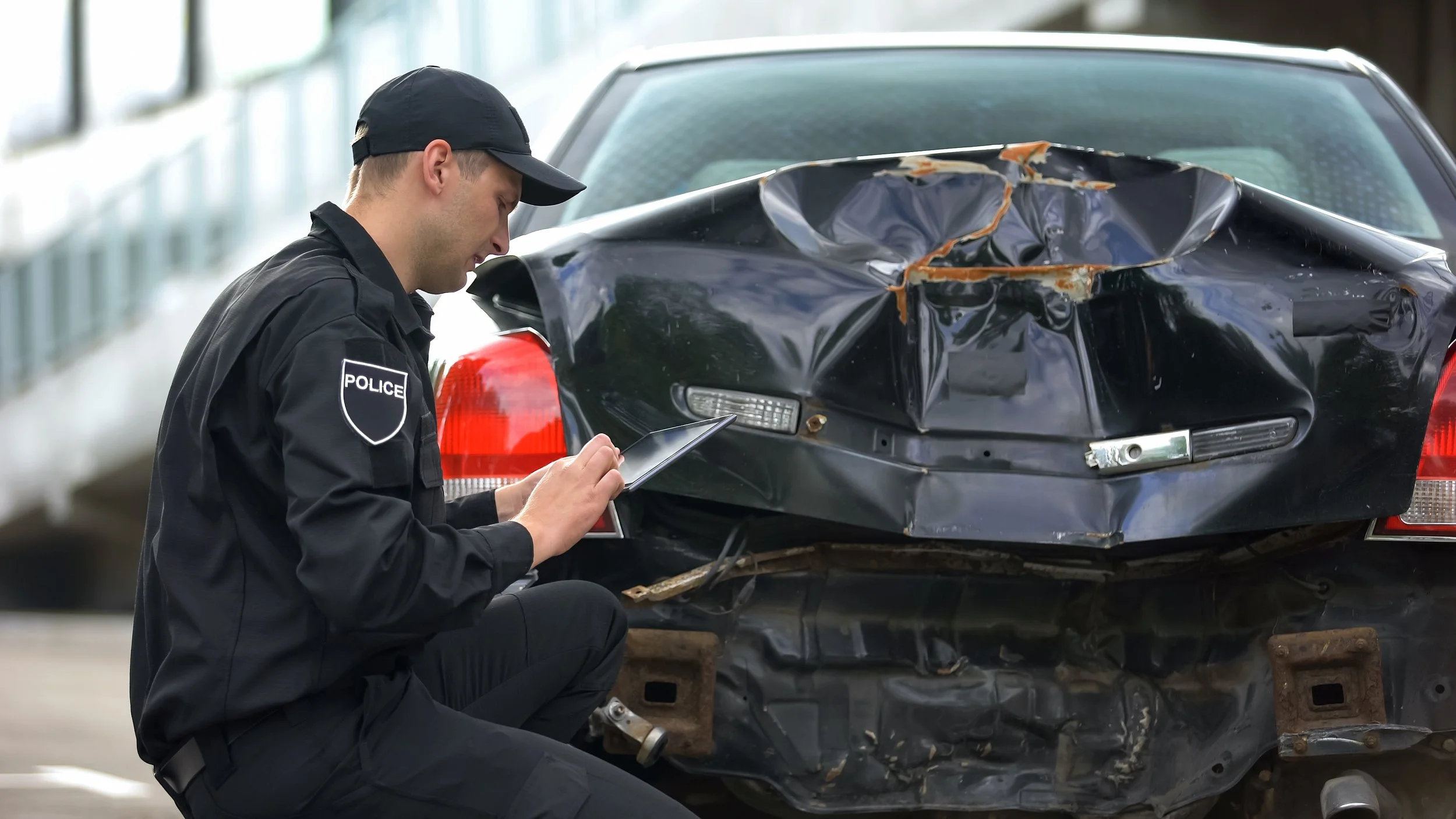 A police officer filling out an accident report at the scene of a Pennsylvania car crash.