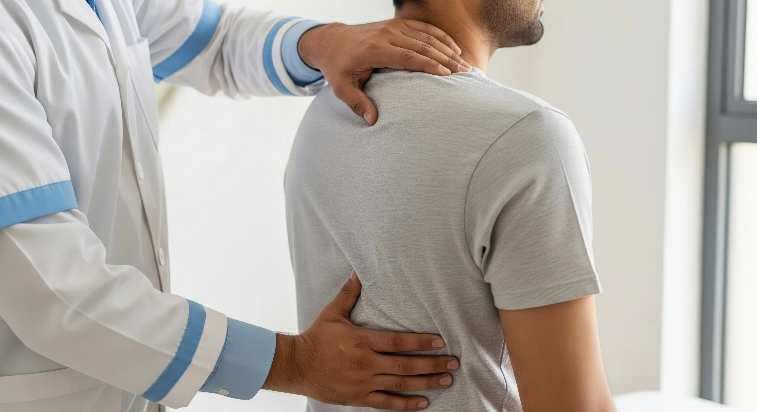 A doctor examining a patient's neck during a medical evaluation after a car accident.