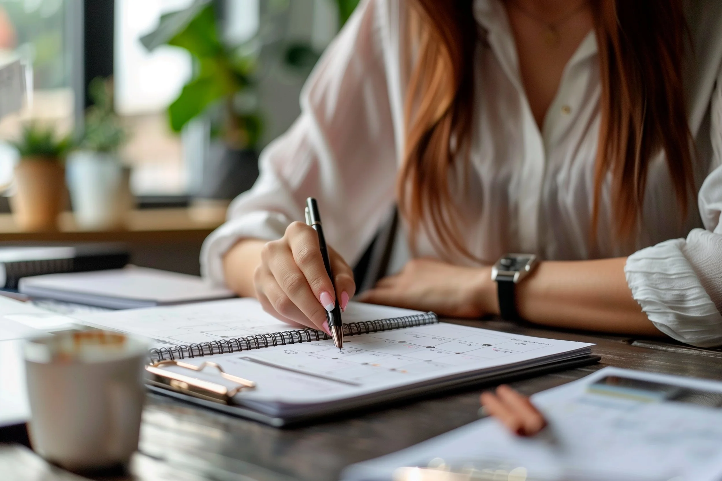 A person writing a timeline of events in a notebook next to a stack of printed medical records.