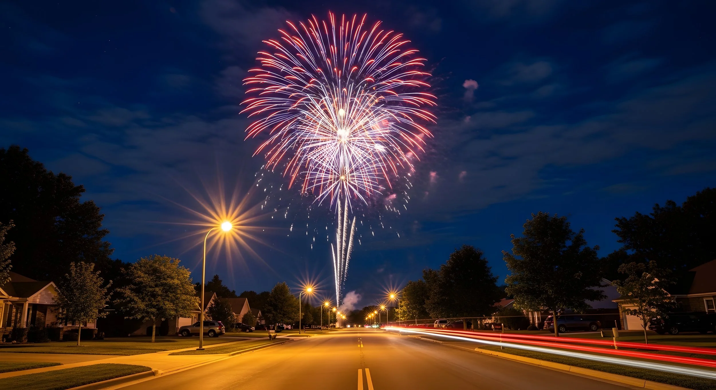 Consumer fireworks lighting up the night sky over a Pennsylvania neighborhood in summer