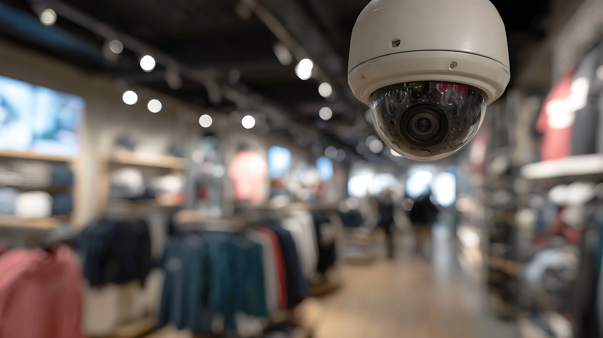 Ceiling security camera in a store recording footage that is often overwritten within weeks.