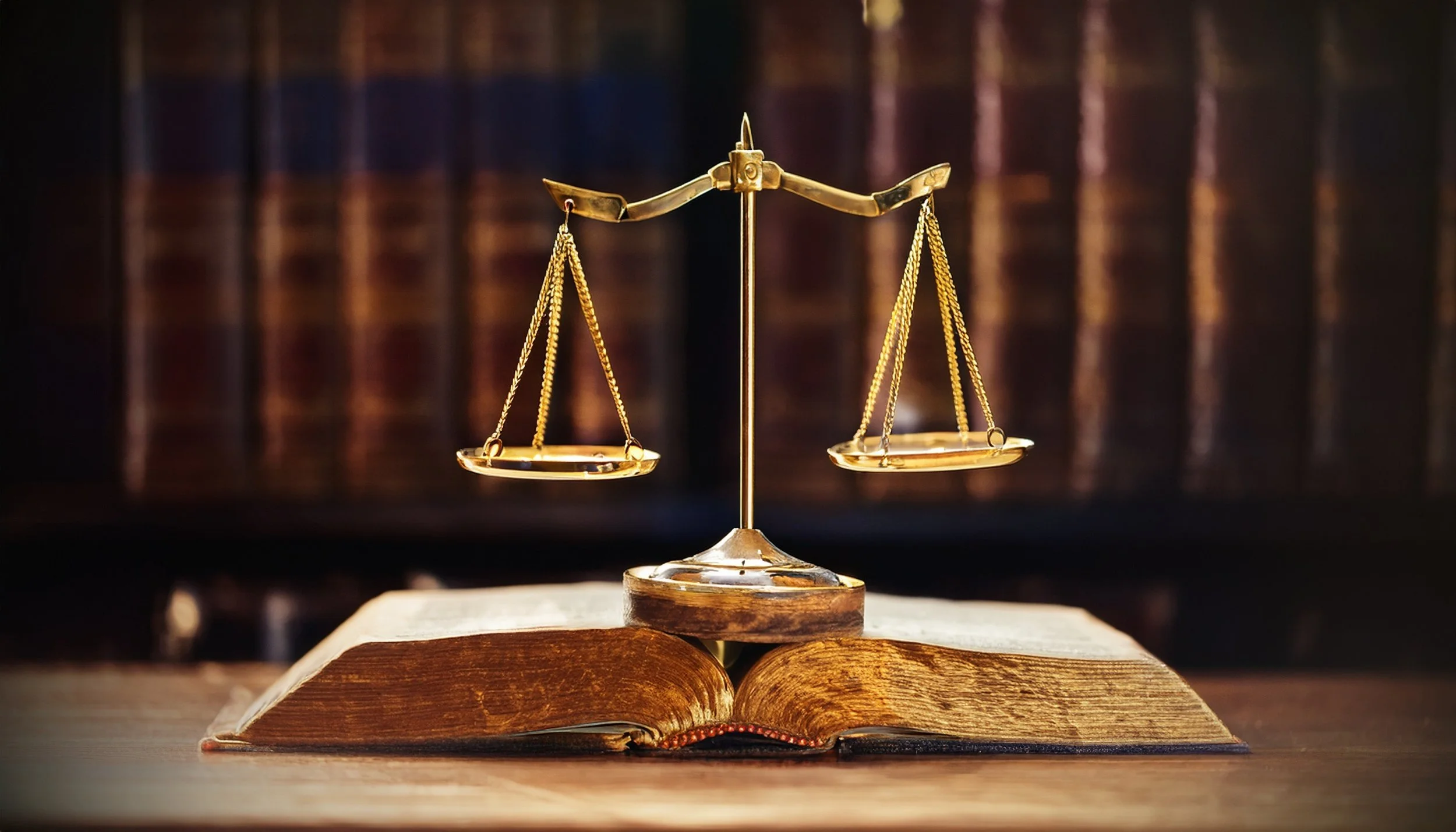 Scales of justice next to legal books, symbolizing fair process and legal principles