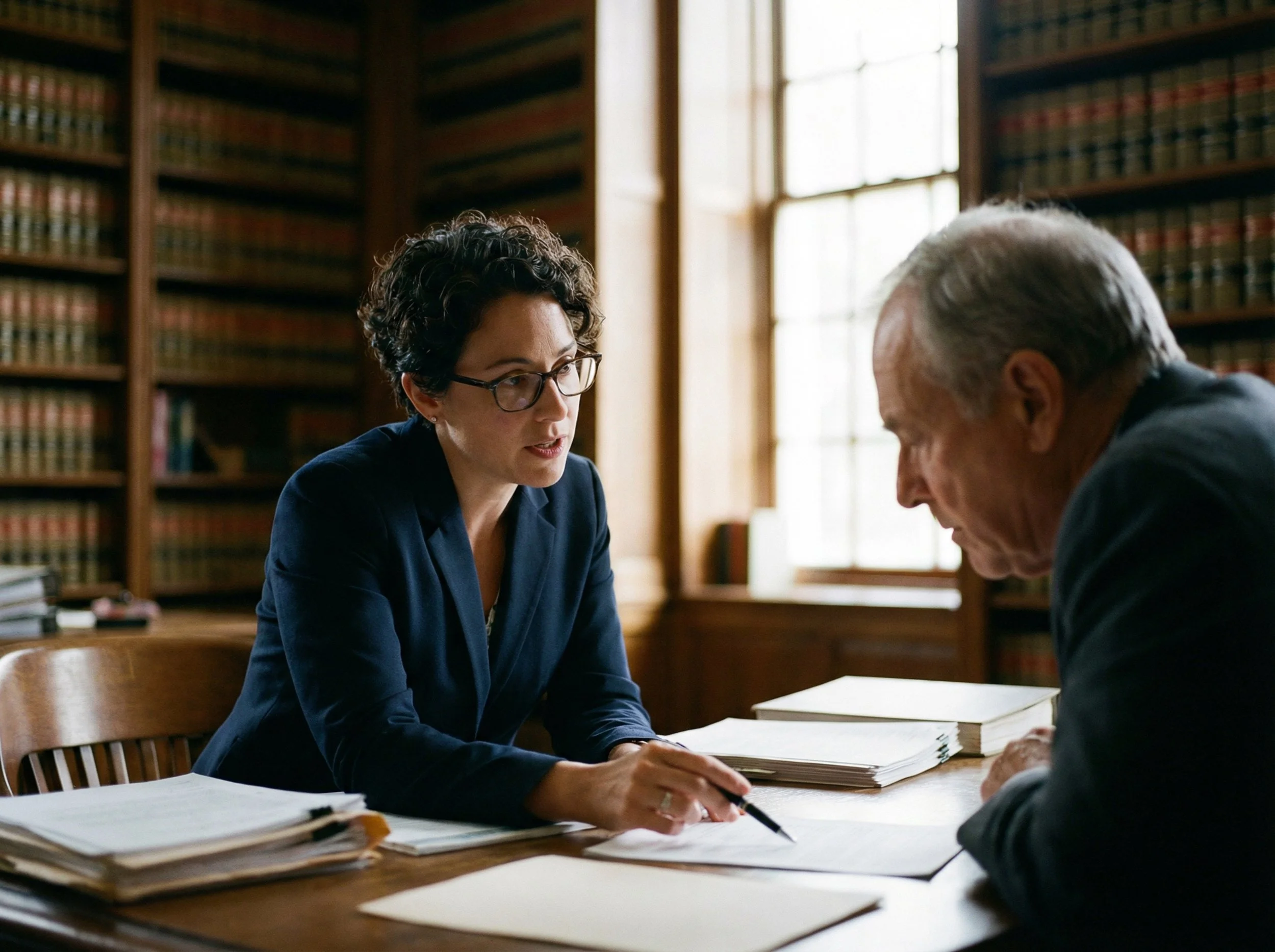 Attorney explaining legal documents and terminology to a client during a consultation